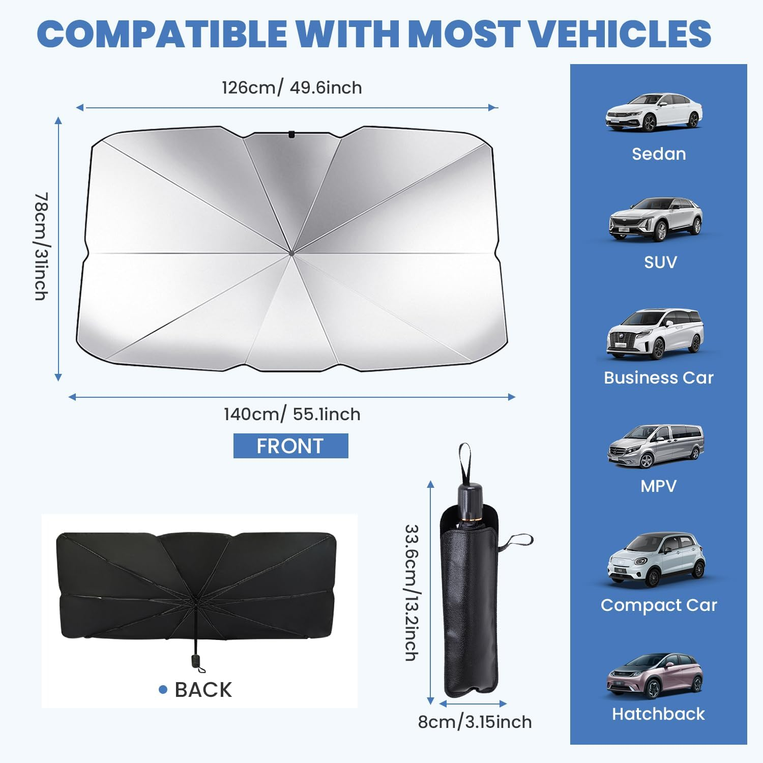 Necomi Car Windshield Sunshade Shade, Foldable Car Windshield Sun Shade Cover with 4 Mesh Side Sunshades, Heat Insulation with Leather Storage Bag, Suitable for Most Cars & Suvs, Size: 140&times;78 Cm image number 3