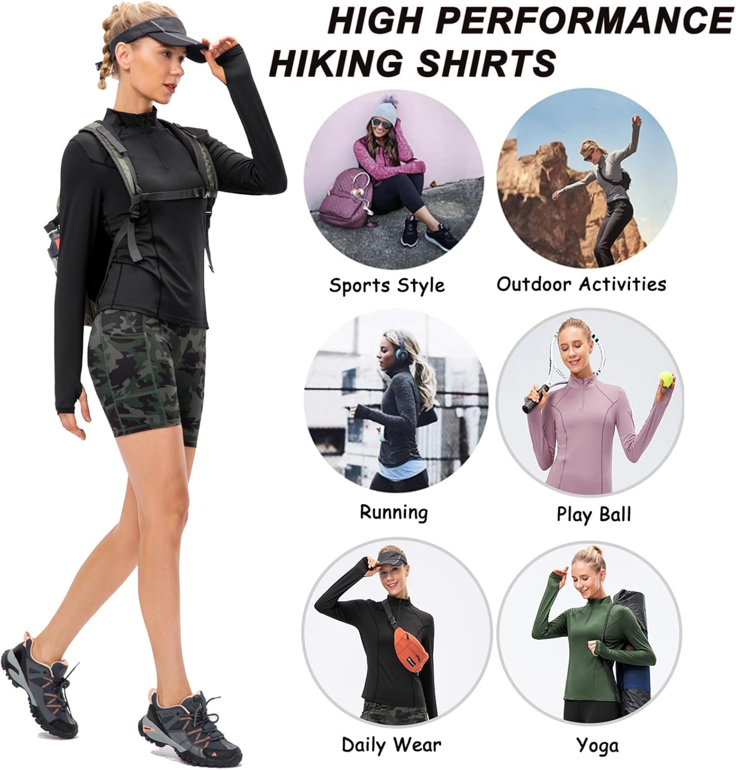 Womens Long Sleeve Running Workout Top 1/4 Zip Pullover Sports Shirts Quick Dry Gym Athletic Shirt with Thumb Hole image number 6