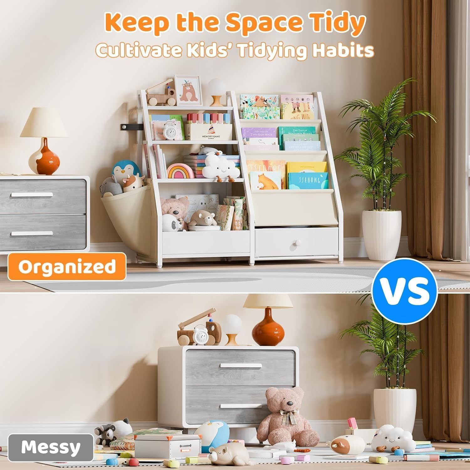 Kids Bookshelf and Toy Storage - Kid Book Shelf Toy Storage Organizer for Kids Rooms, Toddler Book Sling Shelf Baby Bookcase for Nursery, Rooms, Bedroom, Playroom, Montessori Toy Organizer image number 3