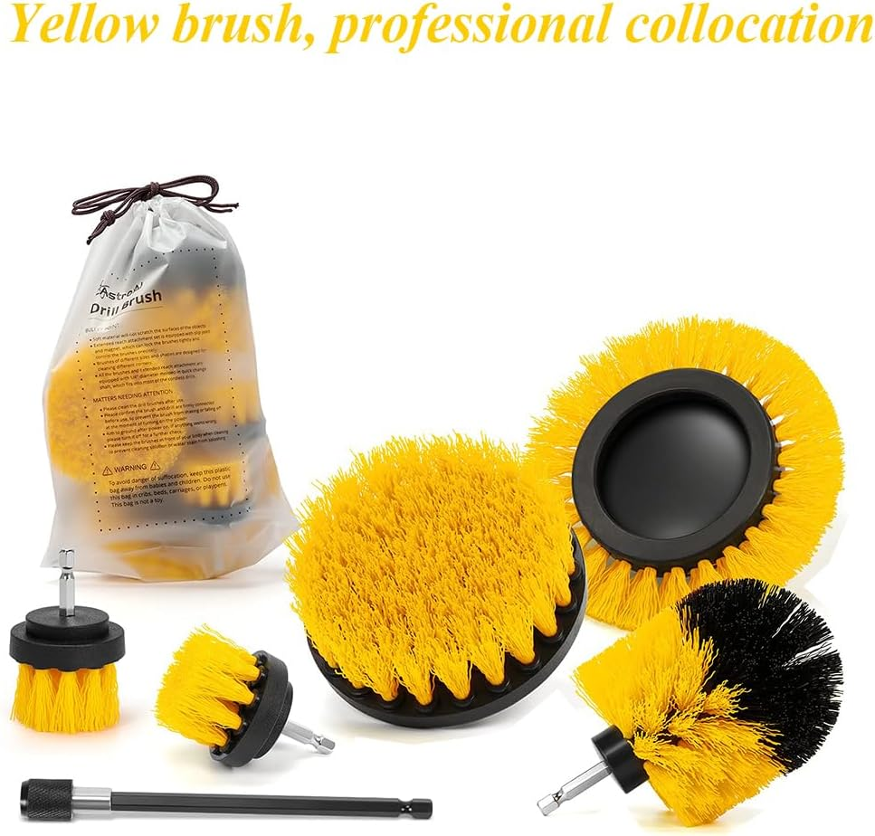 7 Pcs Drill Brush Attachment Set, Portable Drill Scrub Brush, Power Cleaning Scrub Brush Kit, Cleaning Kit Suitable for Car Bathroom Wooden Floor Laundry Room Cleaning (Yellow) image number 6