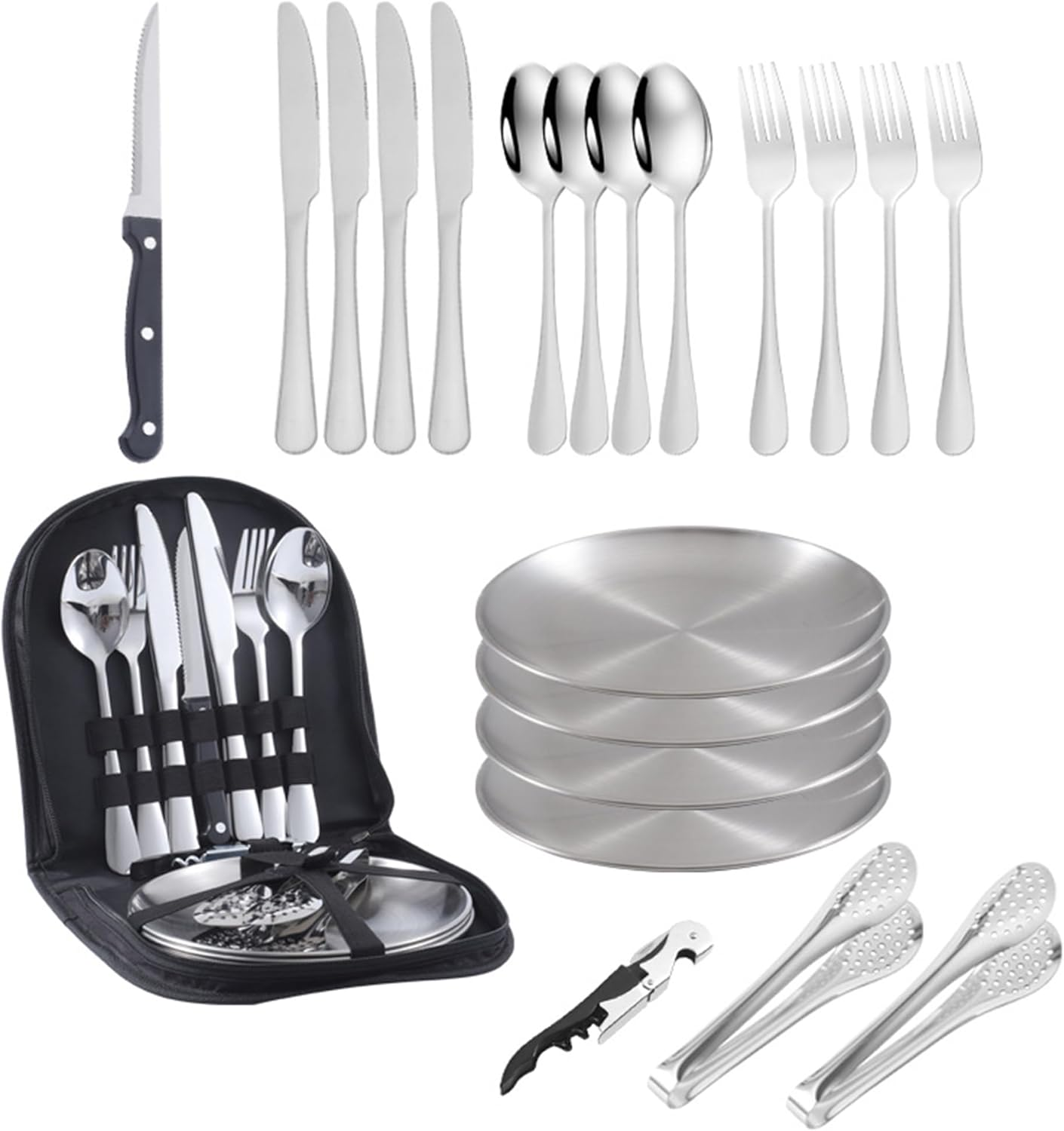 Camping Utensils Kit 20/11 PCS Outdoor Camping Dishes Set with Cutlery Bag, Spoon Fork Knife Plate Tongs for 4 People &ndash; Portable Picnic, Hiking, and Family Camping Tableware (Silver) image number 1