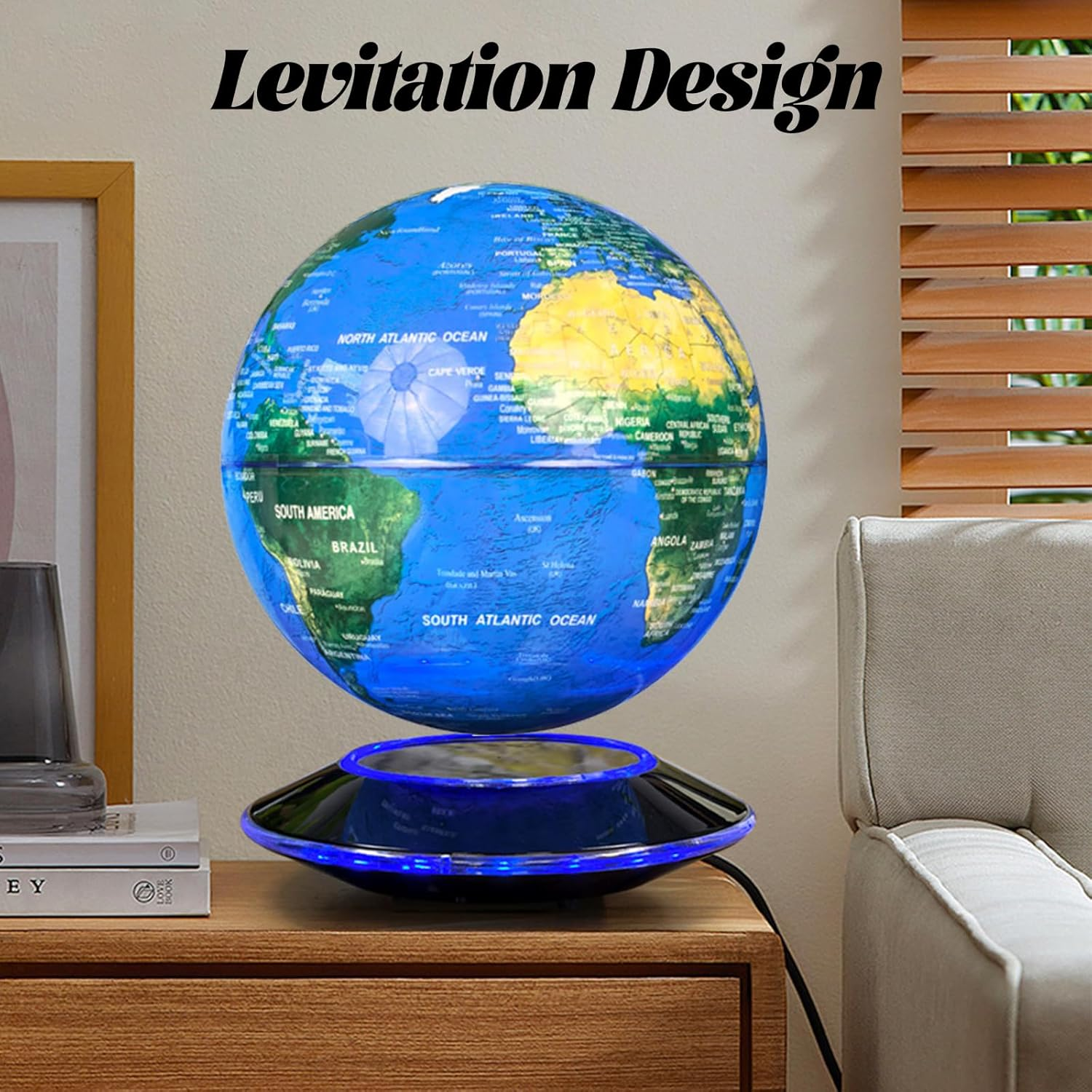Levitating Globe, 6" Levitating World Map Desk Lamp with Rotating LED Night Light, for Home Office Decor & Educational Gift (Modern Room Lighting) (Blue (Colored Light)) image number 6