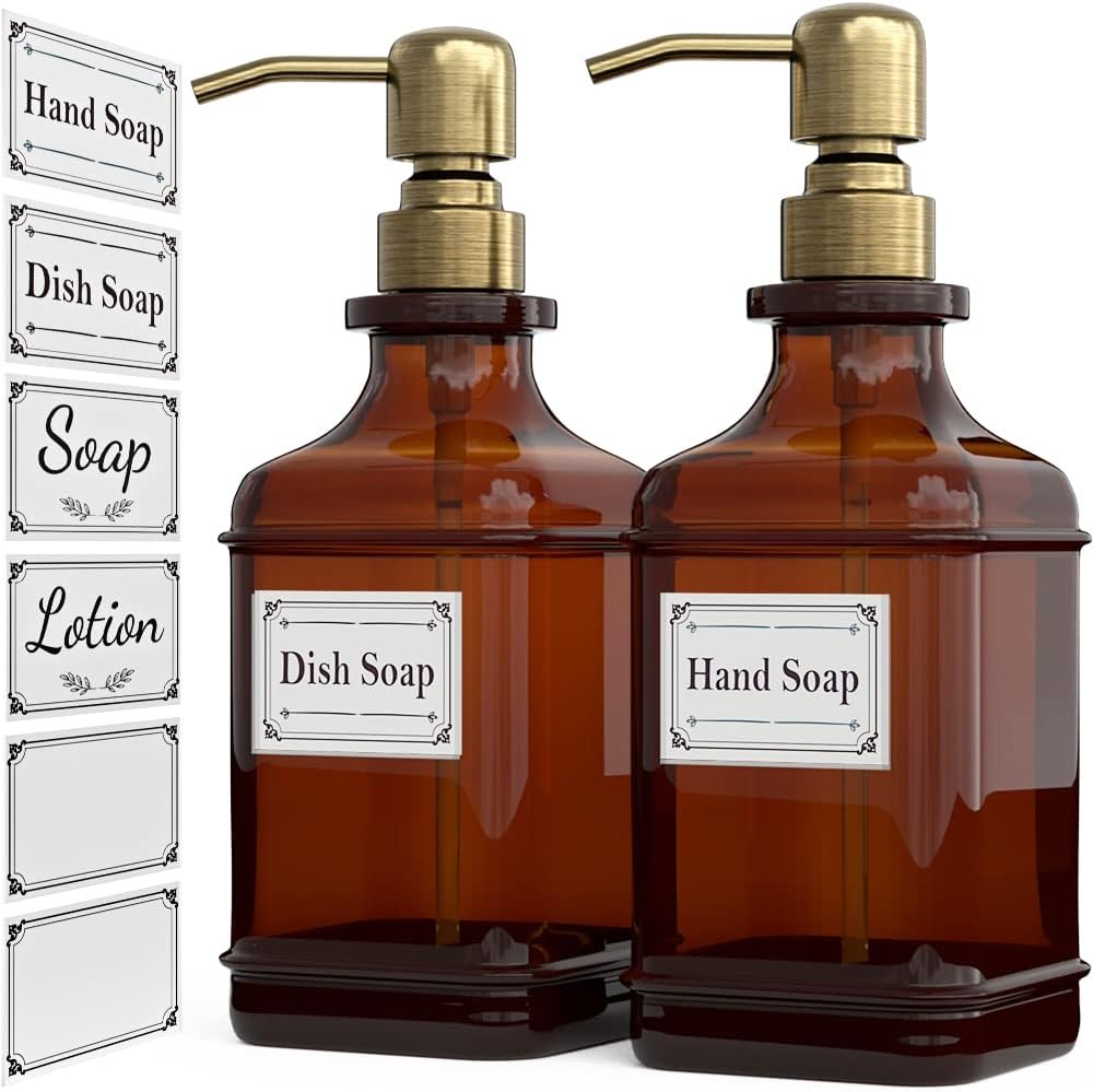 GLADPURE Soap Dispenser 2 Pack, Hand Soap Dispensers with 18 Oz Antique Design Thick Amber Glass Bottle, 316 Rust Proof Stainless Steel Black Pump, 6Pcs Stickers, for Lotion, Soap, Essential Oil