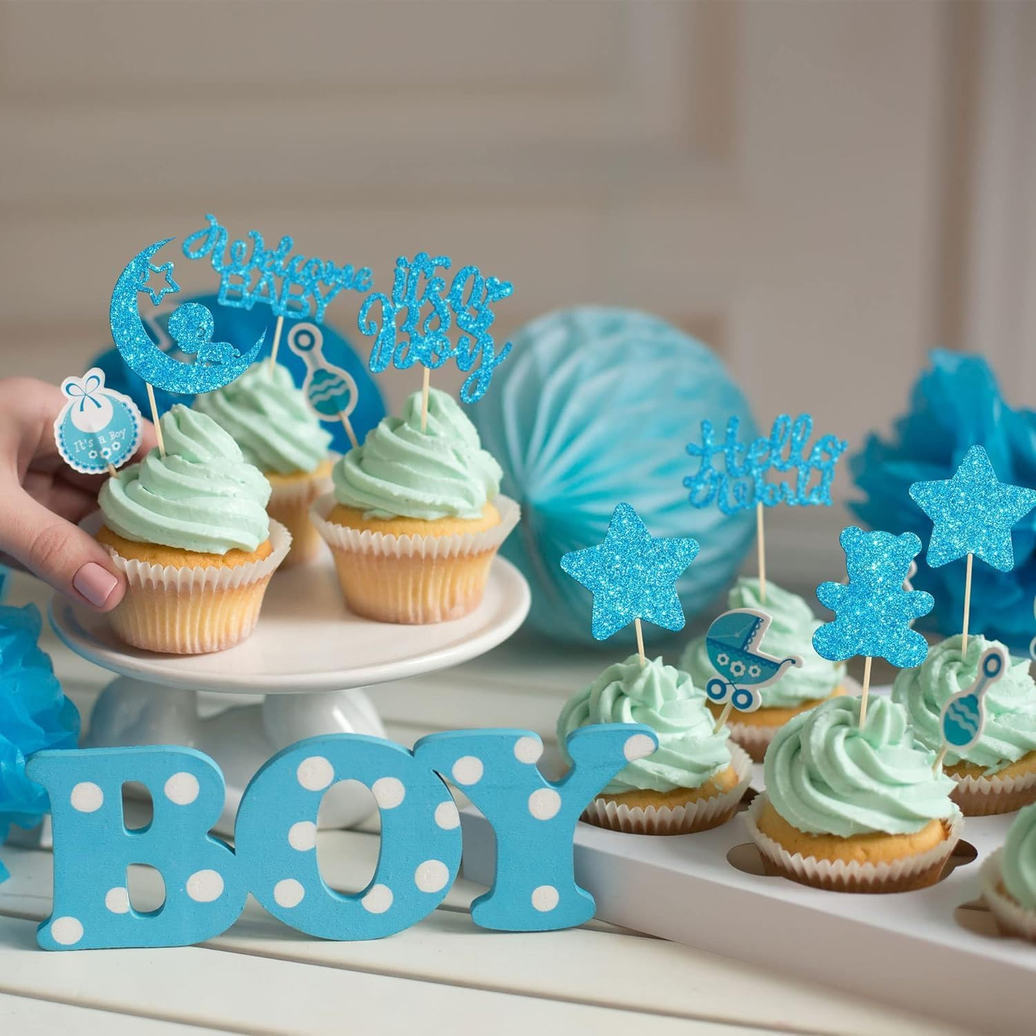 24 Pack Cupcake Toppers, Glitter Baby Bottle Small Footprints Cupcake Toppers for Boys Birthday Theme Party Cake Decorations Supplies. image number 3