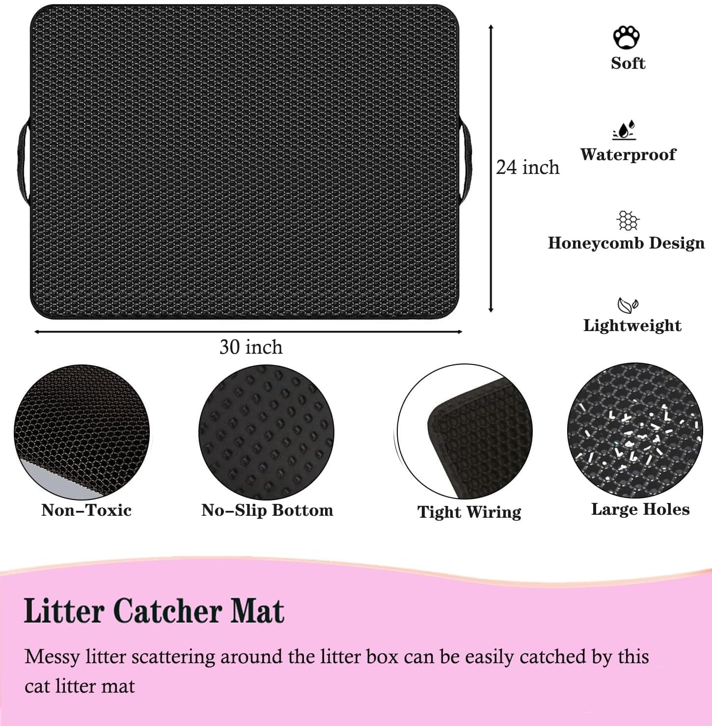 Extra Large Cat Litter Mat, 90 X 60 Cm, Litter Trapping Mat, Honeycomb Double Layer Design, Waterproof Urine Proof Material, Scatter Control, Easy Clean Rug, Soft on Paws, Less Waste (Black) image number 4