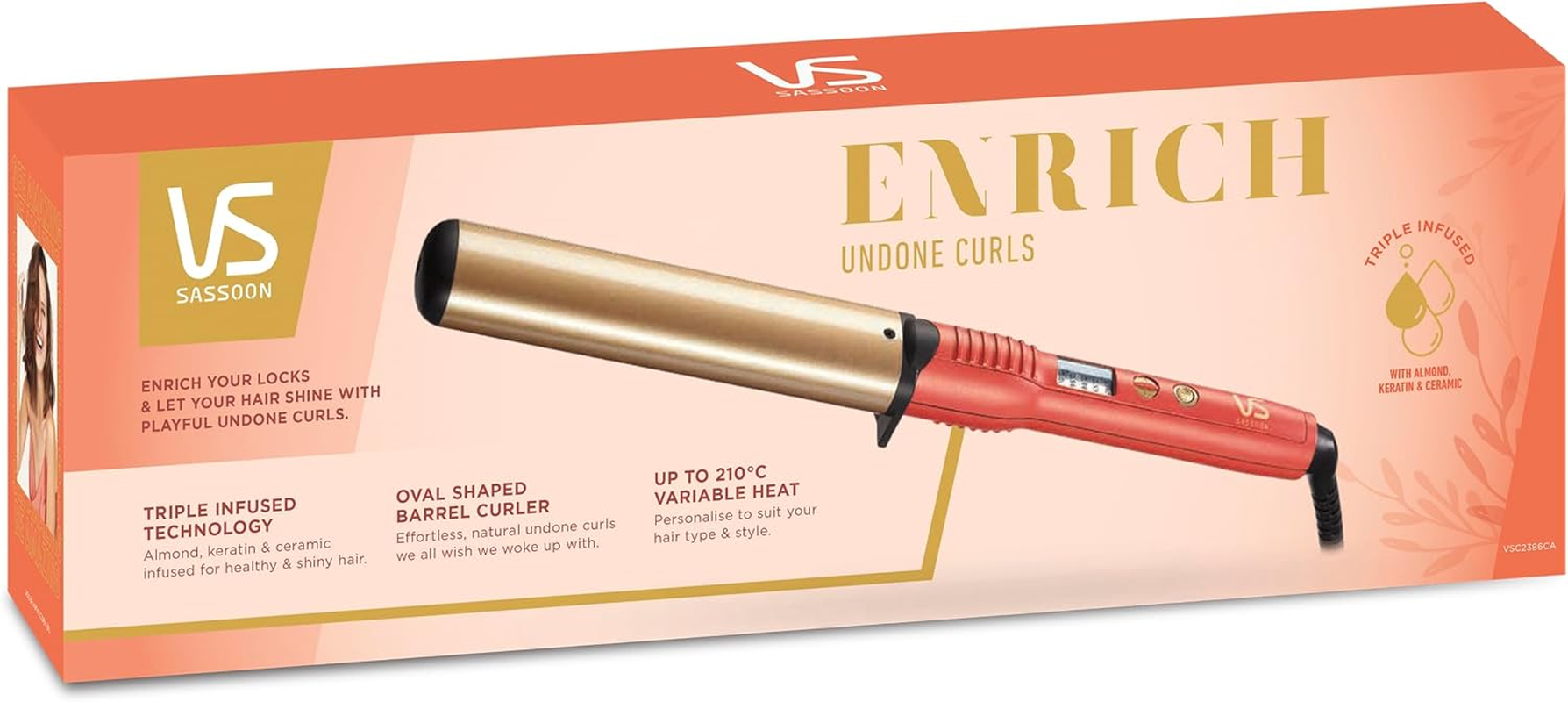 VS Sassoon Enrich Undone Curls 38Mm Large Barrel Hair Curler, Fast Heat Up, 5 Heat Settings 150&deg;C to 210&deg;C, Triple Infused Technology, Almond, Keratin & Ceramic for Smooth & Shiny Results, Auto Shut-Off. Coral (VSC2386CA) image number 1