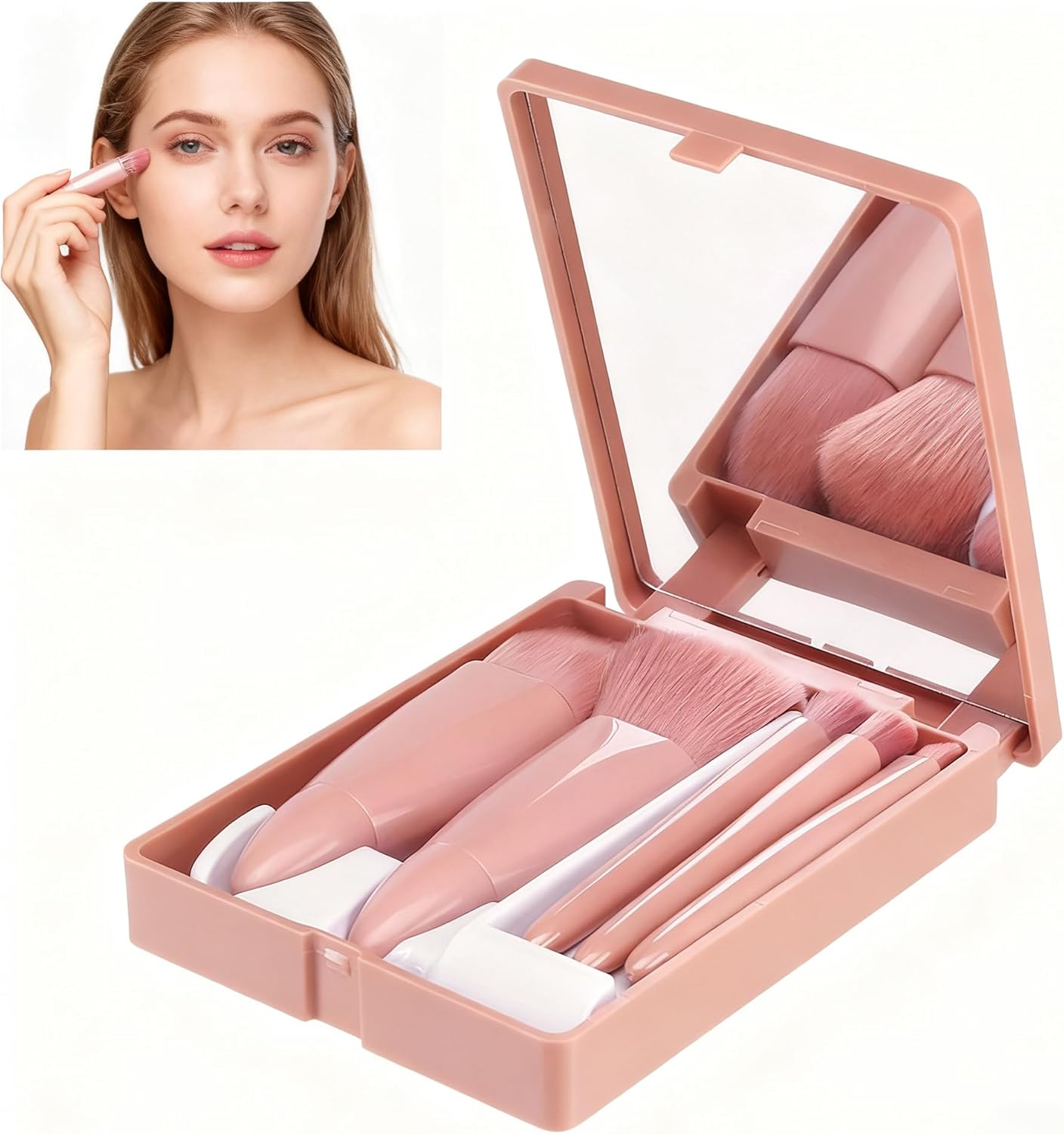 Travel Size Makeup Brushes Mini Set | 5Pcs Professional Vegan Brushes with Hard Mirror Case, Portable Cosmetic Brush Kit for On-The-Go Makeup & Perfect Gifts image number 2