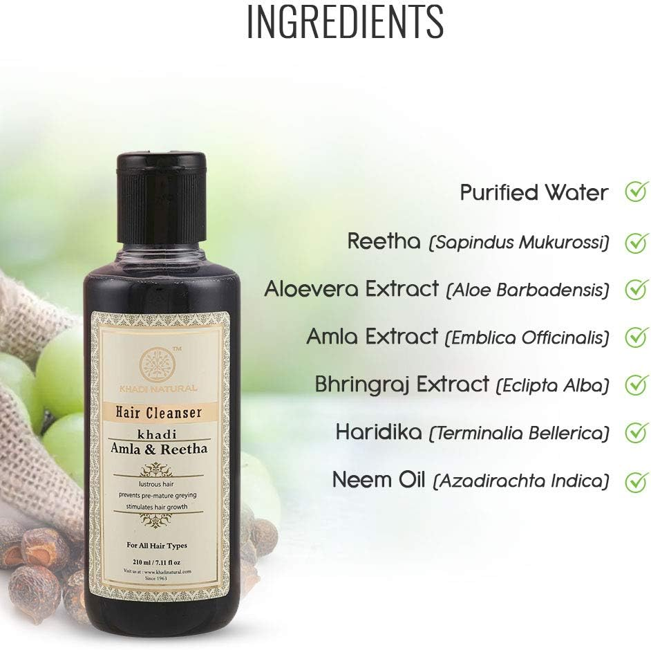 Khadi Natural Ayurverdic Amla & Reetha Hair Cleanser (Pack of 2), 210Ml Each, Strengthens Hair, Prevents Premature Greying, Dandruff, Hair Fall, for Dry Hair, Frizzy Hair, Oily Hair, for Women & Men image number 1