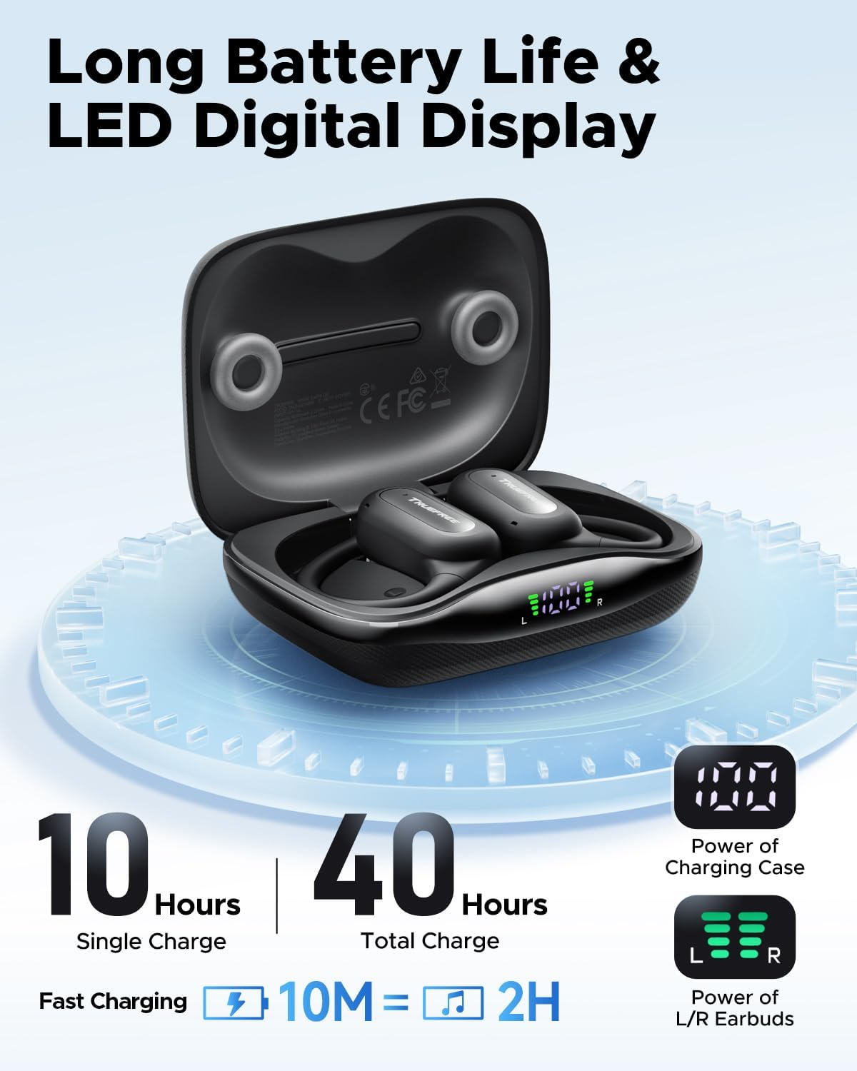 Open Ear Headphones, TRUEFREE Wireless Earbuds, Bluetooth 6.0 Ear Buds Earhook with LED Display, 40H Playtime, Waterproof IPX5, Secure Fit, Noise Cancelling Mic for Sport, Work & Commute image number 3