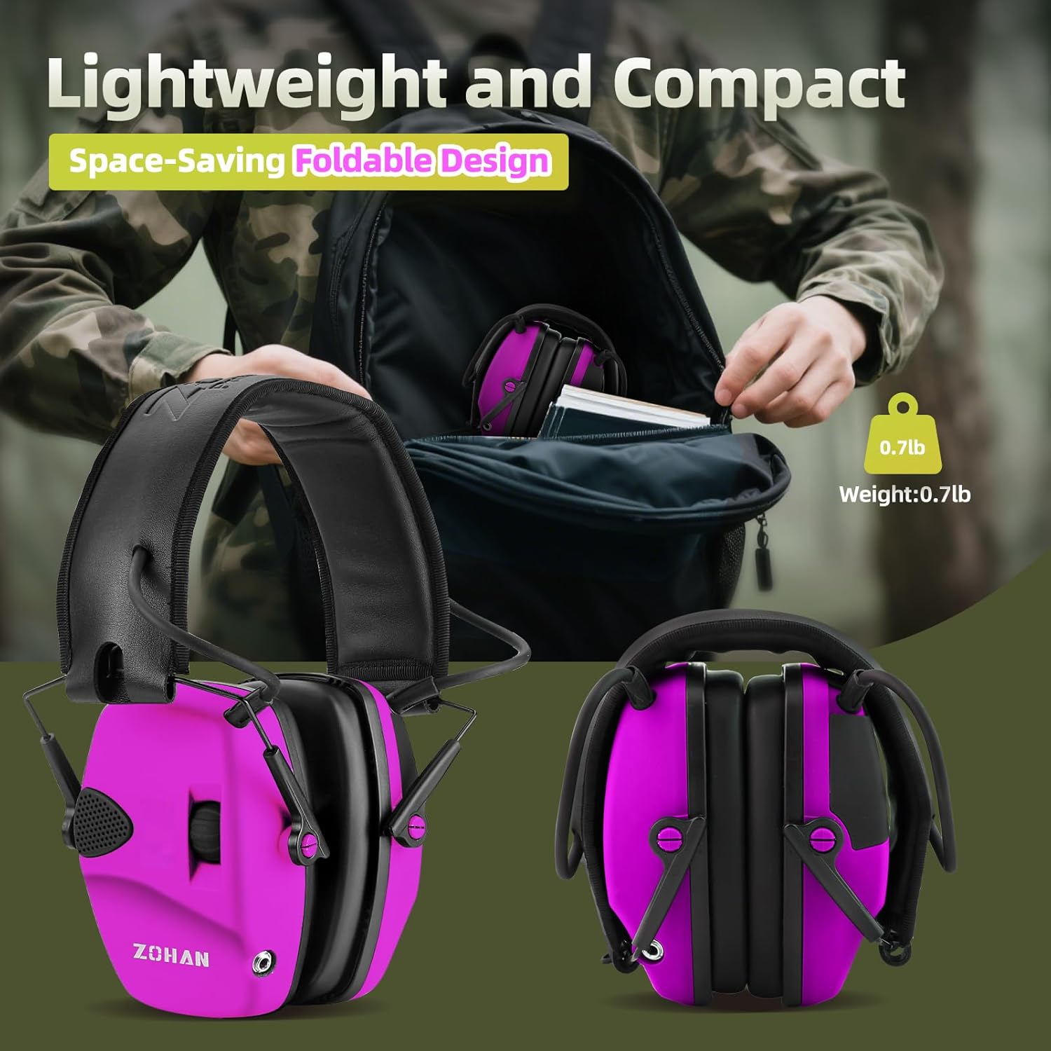 ZOHAN EM054 Electronic Ear Protection for Shooting, Ultra Slim Profile Earmuff for Shooting & Hunting - Nrr22Db - Pink image number 2
