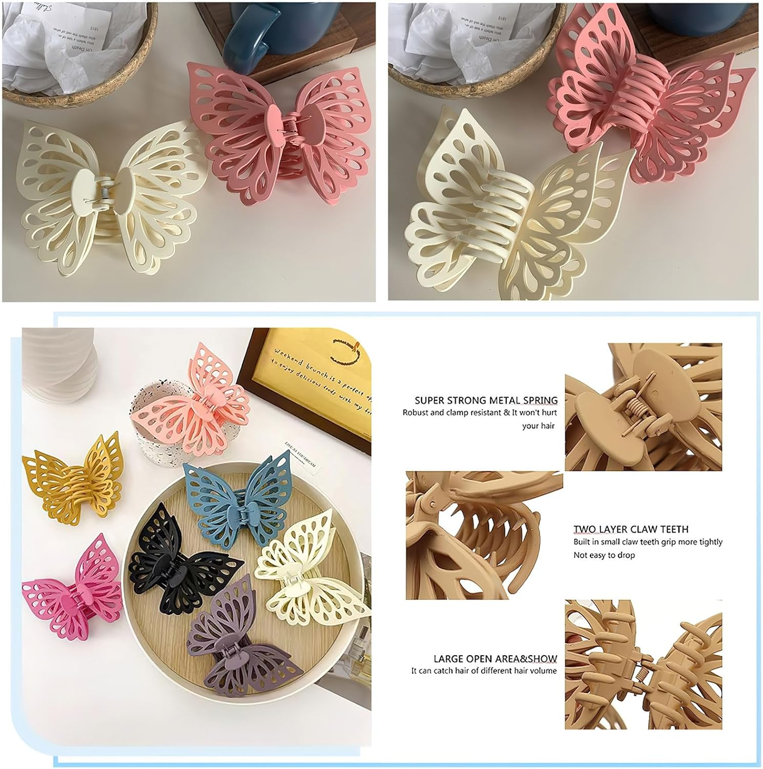 2 Pcs Large Butterfly Hair Clips, Pink and White Hollow Matte Butterfly Hair Claws Strong Hold Non-Slip Hair Accessories for Thick Thin Hair Barrettes for Women(5.51 Inch) image number 4