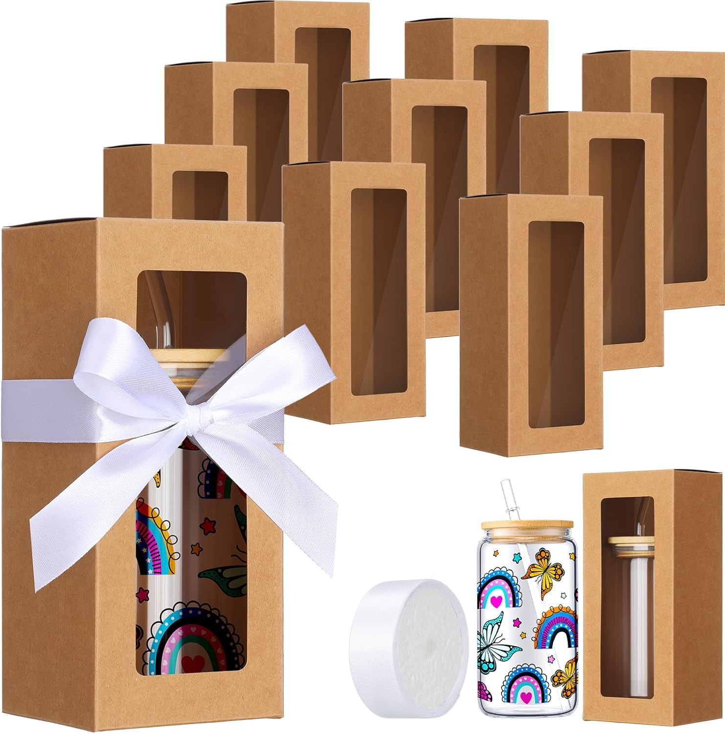 Honoson 24 Pcs Gift Boxes with Ribbon for Sublimation Glass Exhibition Boxes Transparent Gift Box for 12Oz 16Oz 20Oz Drinking Glasses Jars Sublimation Glass Can Blanks Tumbler Gift Box (White)