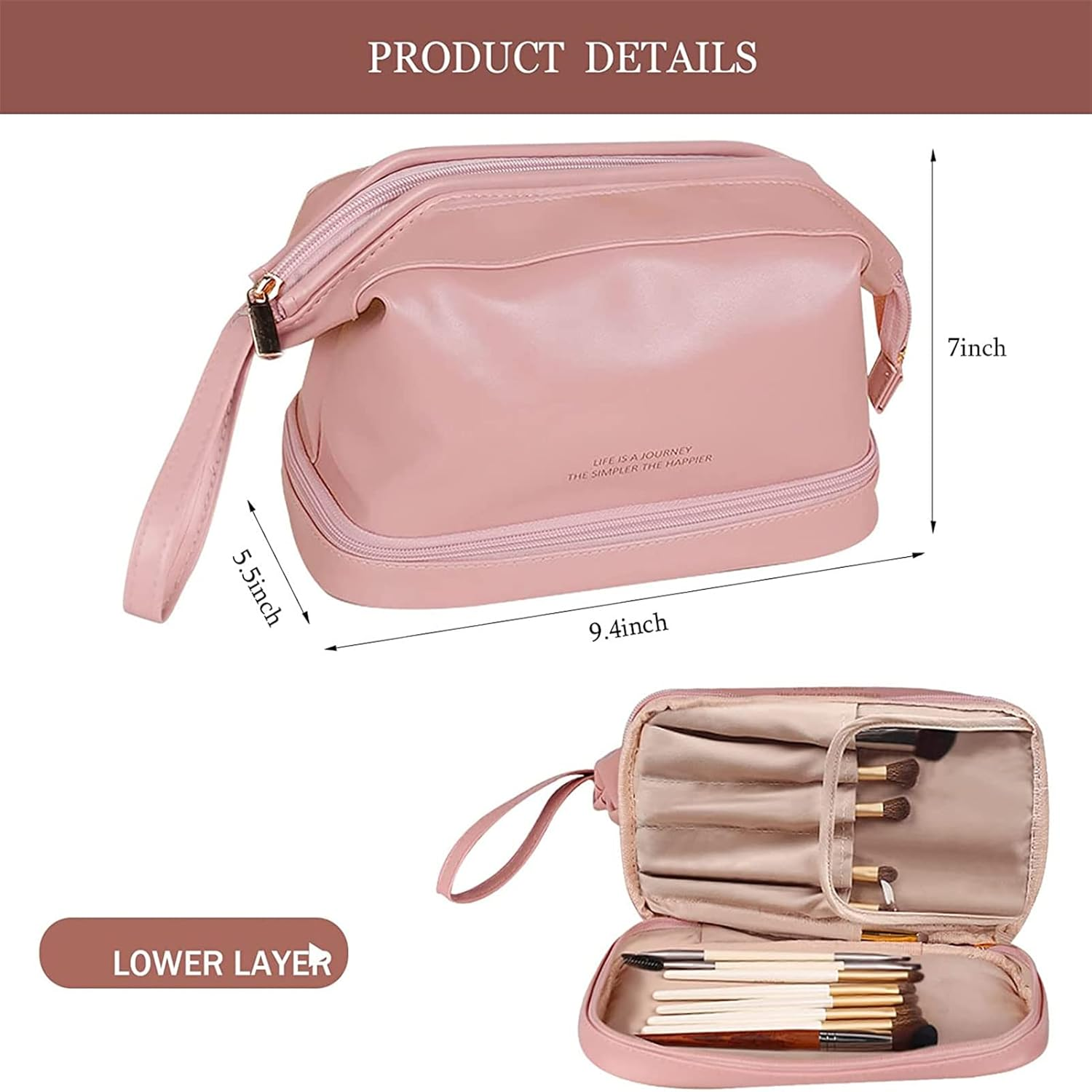 Travel Toiletry Bag for Women,Travel Makeup Bag Cosmetic Bags for Women, Travel Toiletry Organizer Double Layer Leather Cosmetic Travel Bag Toiletry Makeup Bags for Women Girls (Pink) image number 3