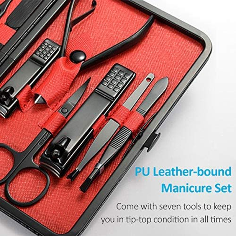 URWOOW 15 in 1 Professional Stainless Steel Nail Clipper Travel & Grooming Kit Nail Tools Manicure & Pedicure Set of 15Pcs with Luxurious Case Black Red image number 5