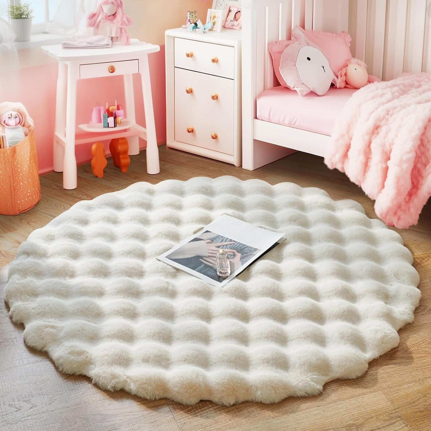 Round Fluffy Rug for Living Room, Luxury Soft Shaggy Faux Fur Area Rugs for Bedroom, Modern Indoor Washable Furry Plush Carpet Anti-Skid Floor Mats for Home Decor (Beige, 120Cm)