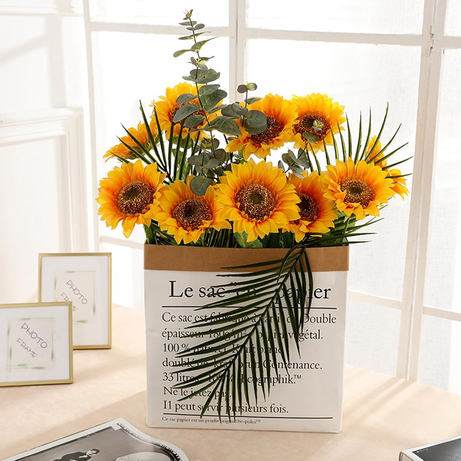 Bacucine 6PCS Artificial Sunflower Bouquets Fake Flowers Silk Sunflowers Faux Yellow Flowers for Home Wedding Table Party Garden Decor image number 2
