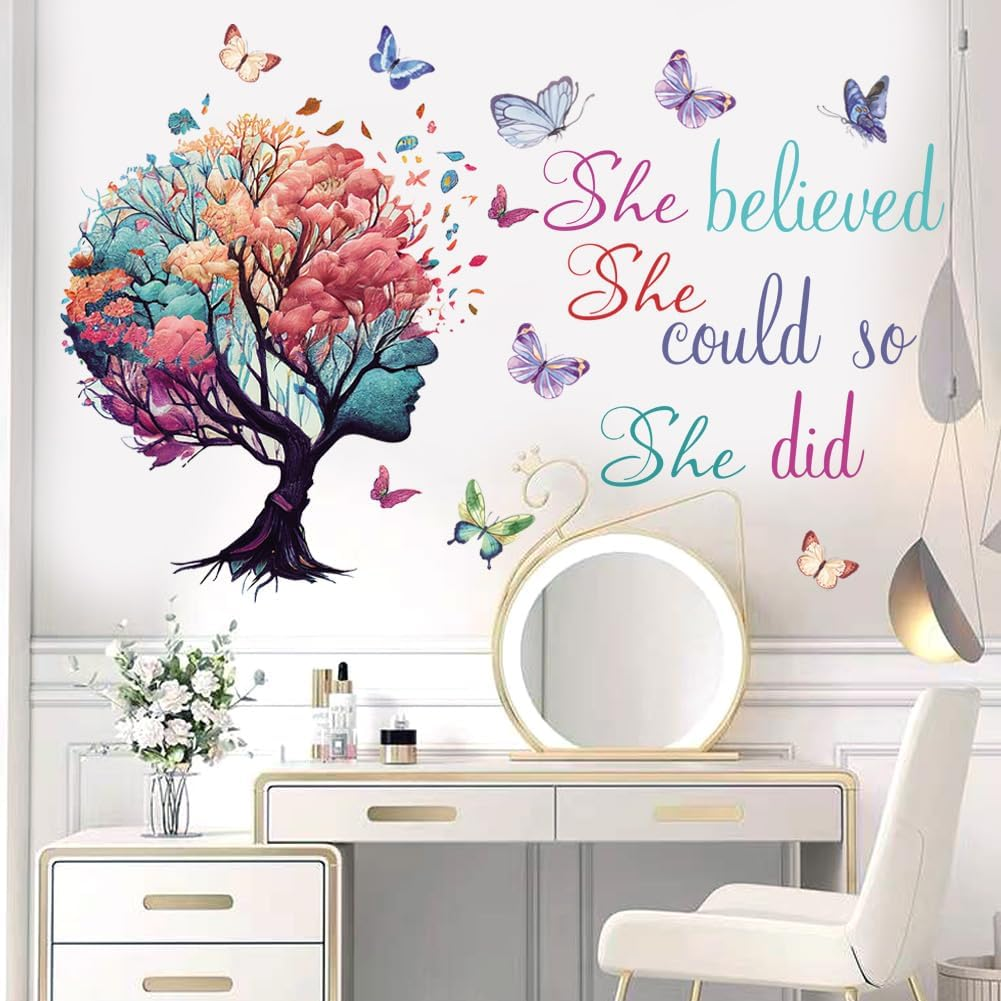 Inspirational Quotes Wall Art - 'She Believed She Could so She Did' Tree & Butterfly Decal Stickers for Women & Girls Bedroom & Living Room Decor image number 3