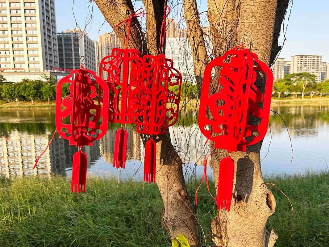 4PCS 17Inch Chinese Lanterns Chinese New Year Decorations for Party Palace Lantern Wedding Supplies Spring Festival Mid-Autumn Festival Party Room Ornaments Hollow Inlaid Red Lanterns - Fu image number 5