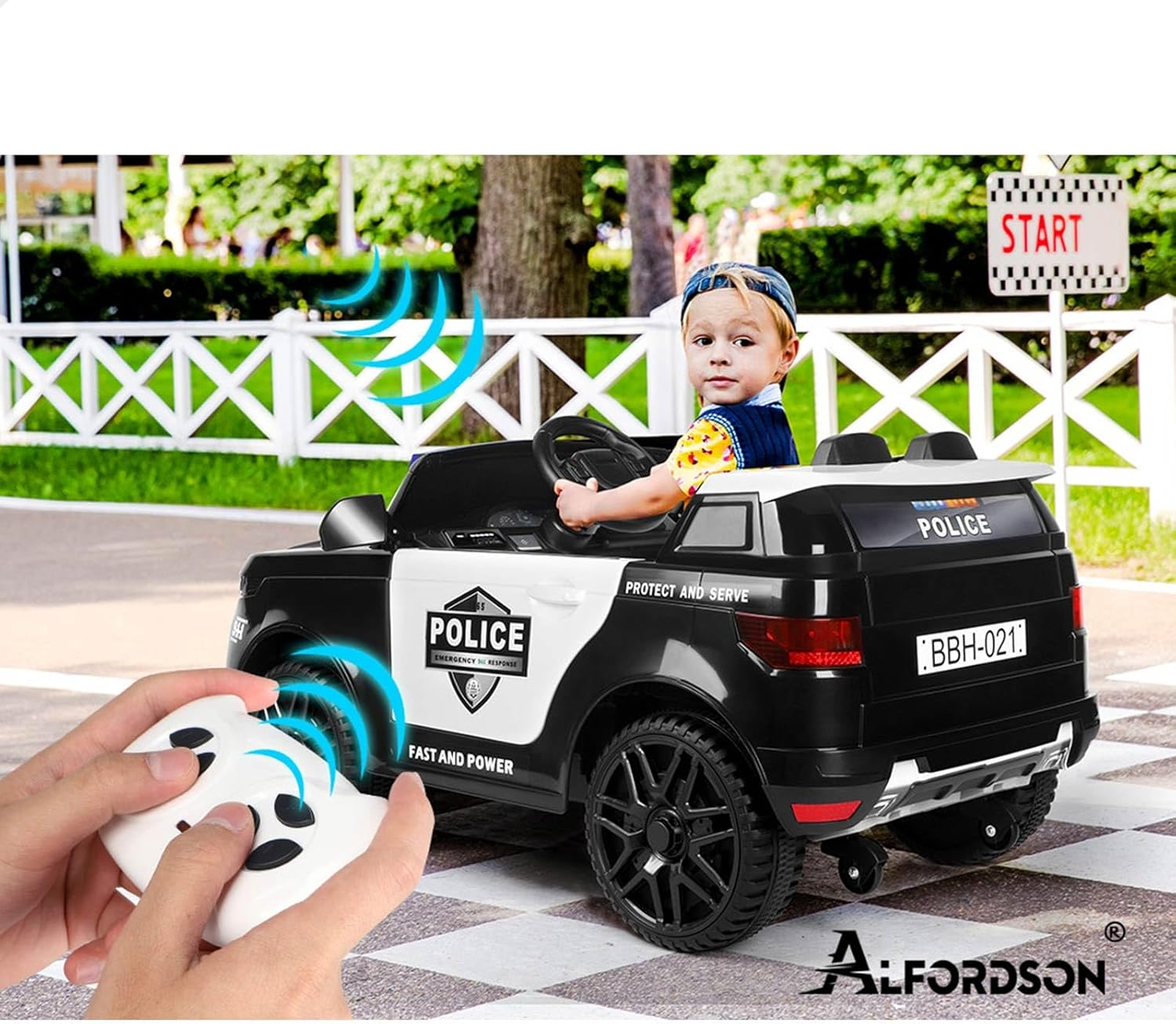 ALFORDSON Kids Ride on Car Remote Control, 12V Eletric Dual Motor Riding Car with Music Player LED Lights, Ride-On Toy Patrol Design Inspired from Police Vehicle for Toddler, Black image number 4