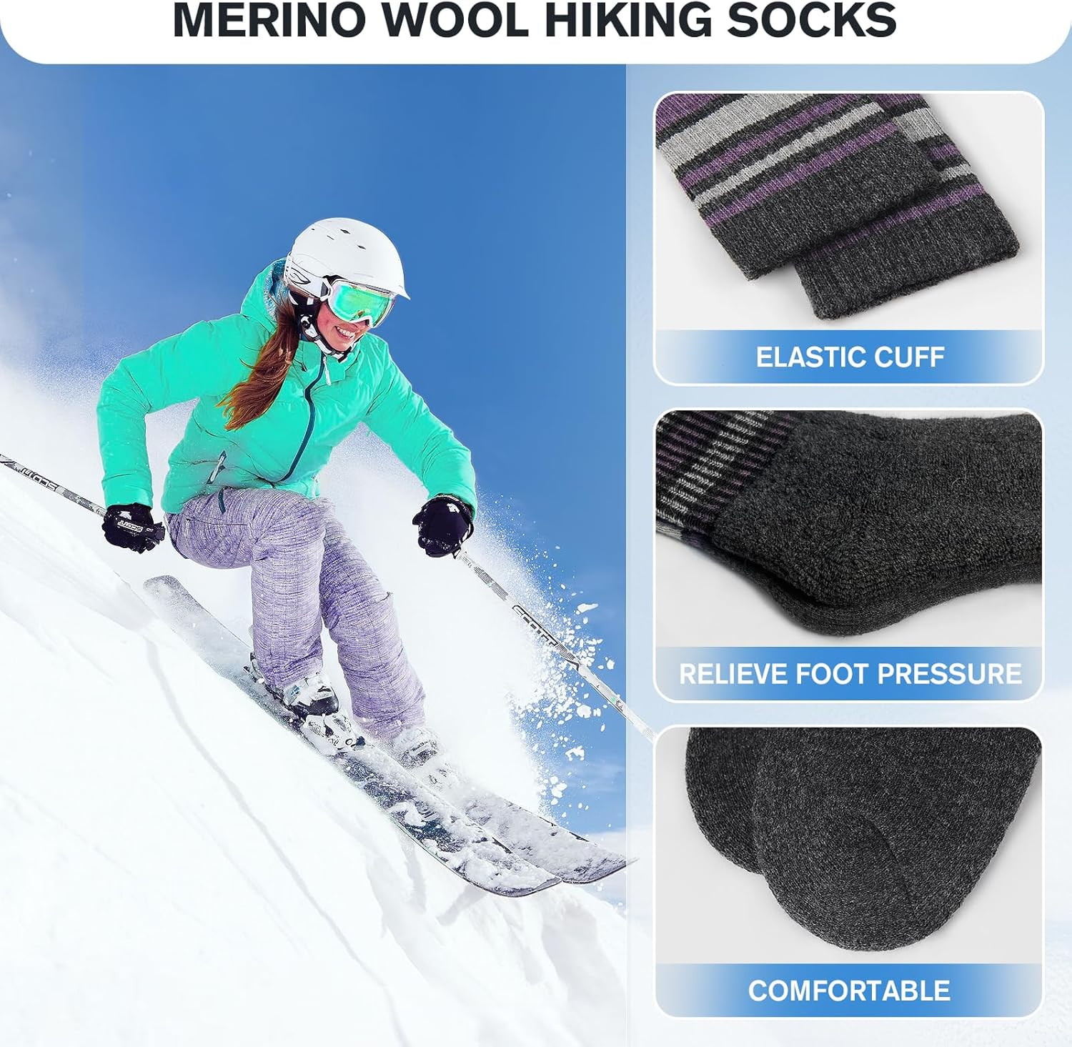 SIMIYA 5 Pairs Merino Wool Socks for Women, Winter Extra Thick Thermal Warm Hiking Socks Women Crew Cushion Socks image number 5
