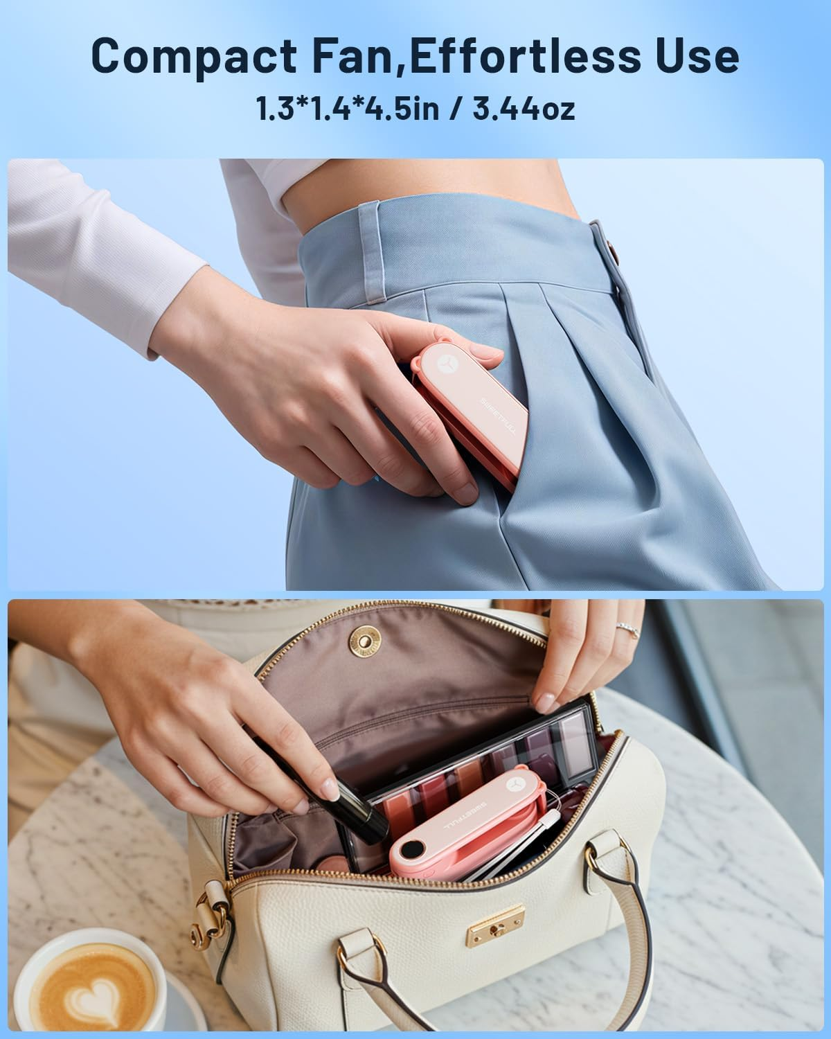 SWEETFULL Portable Handheld Mini Fan Rechargeable, 3-IN-1 Foldable Personal Fan with LED Display & Flashlight for Travel Home, Quiet Small Pocket Fan for Women Girls, Cute Summer Gifts, Pink - Pink image number 1