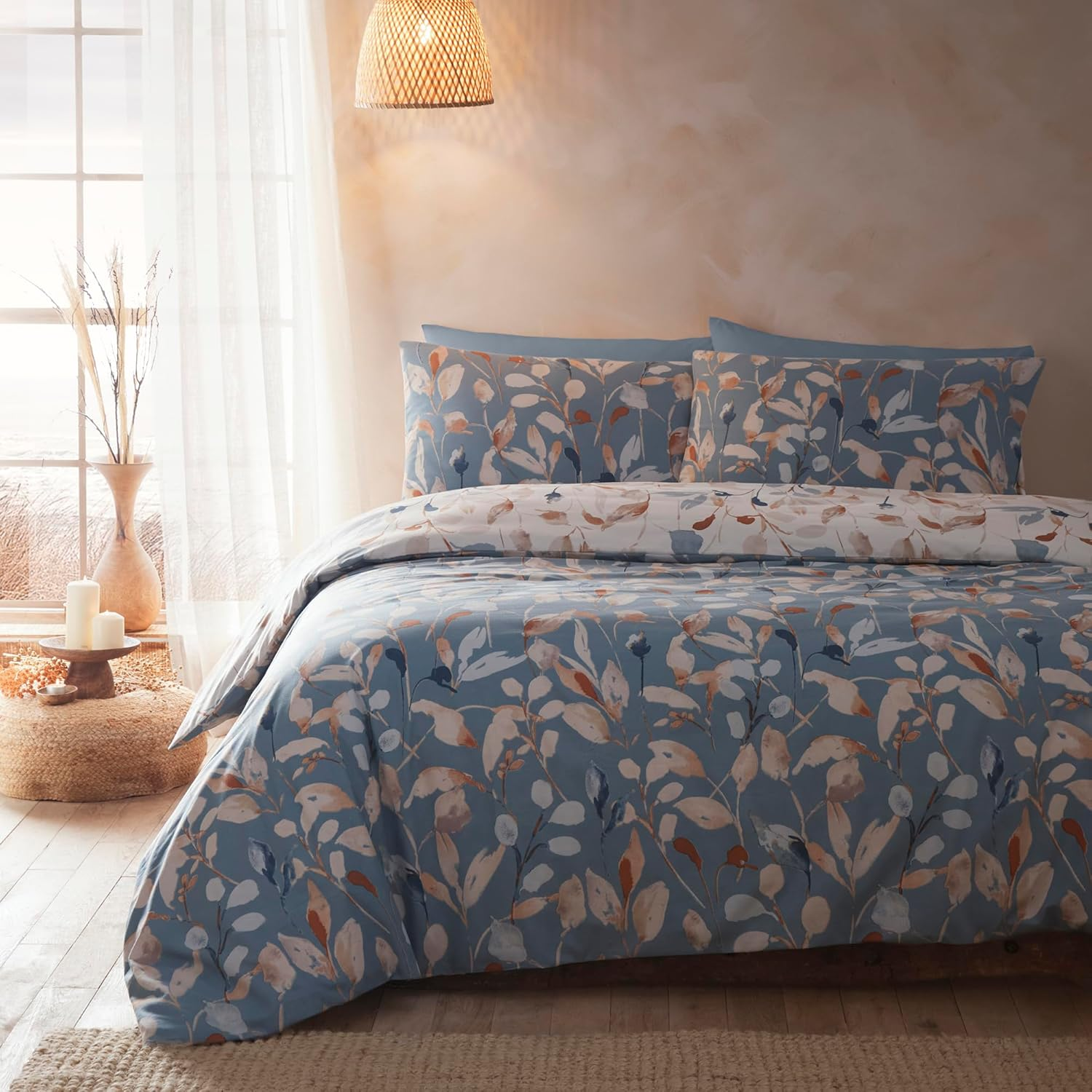 Drift Home - Eco-Friendly Floral Leaf Duvet Cover - King Bedding Size (230 X 220Cm) - Reversible Designs - Sustainable Recycled Cotton (BCI) - 2 Pillowcases - Blue/Natural Bedding with Leaf