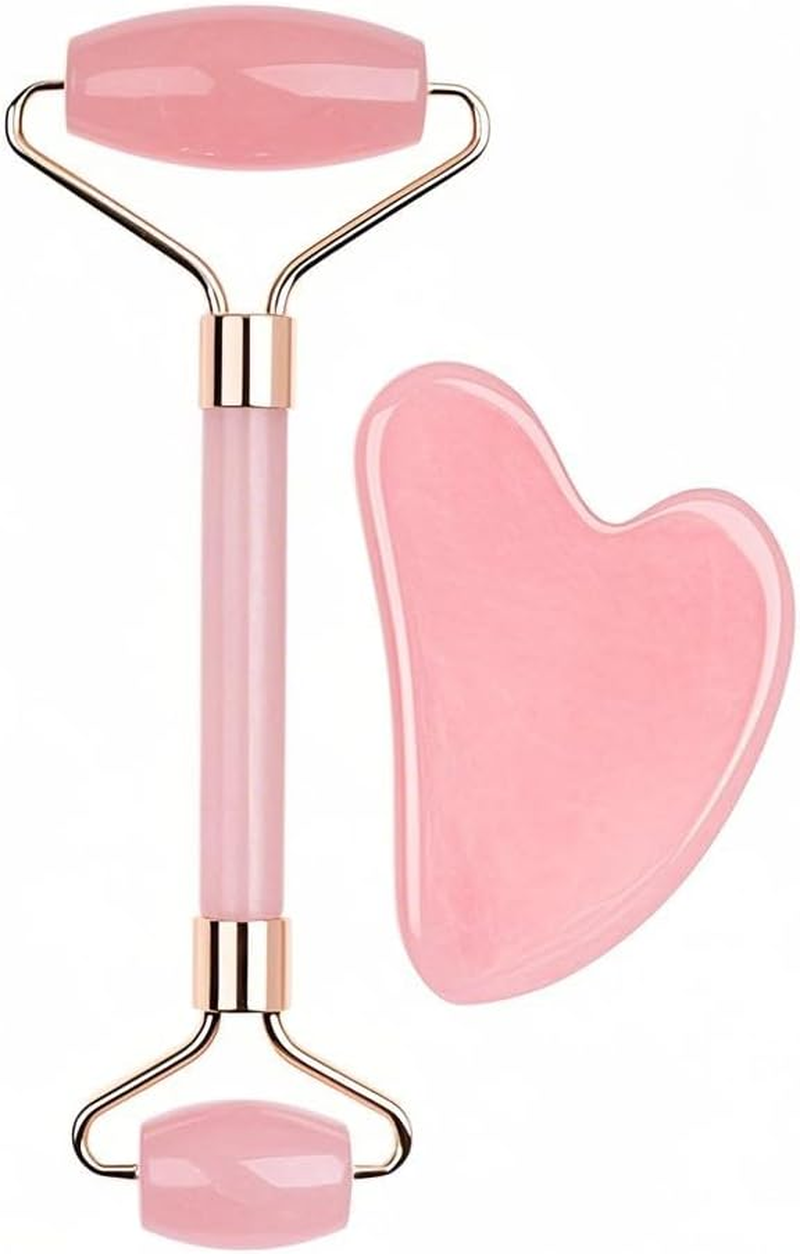 Jade Roller & Gua Sha Facial Tools, 2 Pack Guasha Tool, Massage Tool for Face and Body Treatment, Relieve Tensions and Reduce Puffiness, Skin Care Tools for Men Women (Pink)