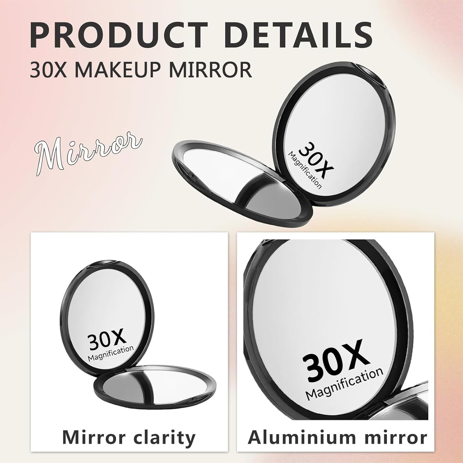 Zernblend Compact Pocket Mirror with 1X/30X Magnification, Ideal for Travel, 30X Magnification Mirror, Travel Mirror, Makeup Mirror (Black) image number 4