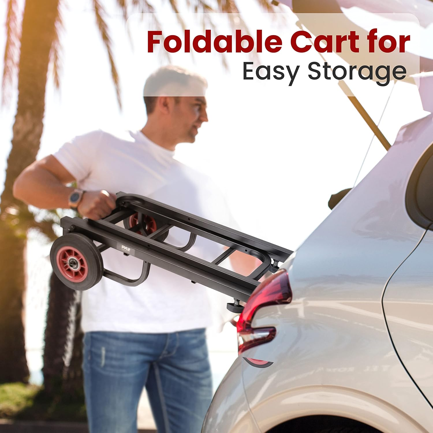 Pyle Compact Folding Adjustable Equipment Cart - Heavy Duty 8-In-1 Convertible Multi-Cart Hand Truck/Dolly/Platform Cart with R-Trac Wheels - Expandable up to 25.24" to 40.24" - PKEQ38