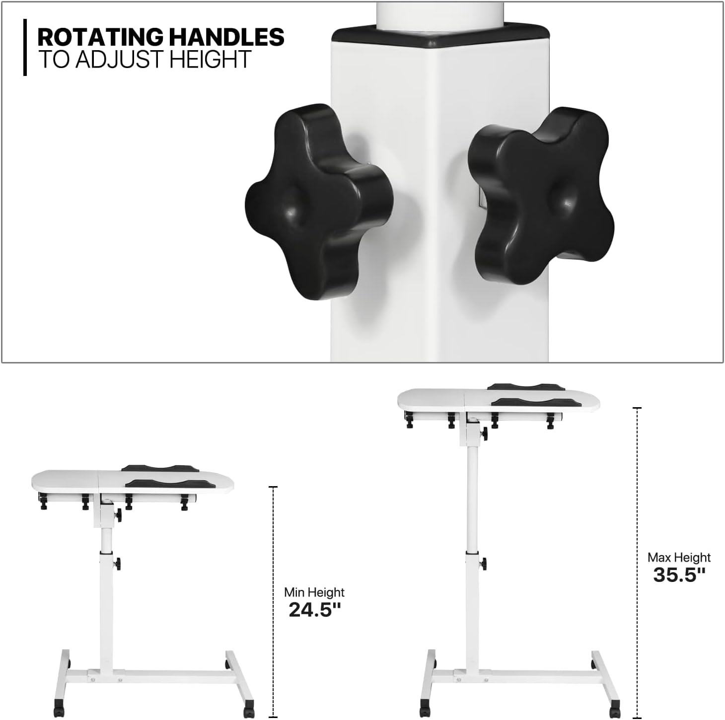 Mobile Overbed Table with Wheels, Lifting and Rotating Laptop Desk, Height Adjustable Mobile Standing Desk, Bedside Table for Home Office, Laptop Computer Desk with Tray for Work Study Reading - White image number 2