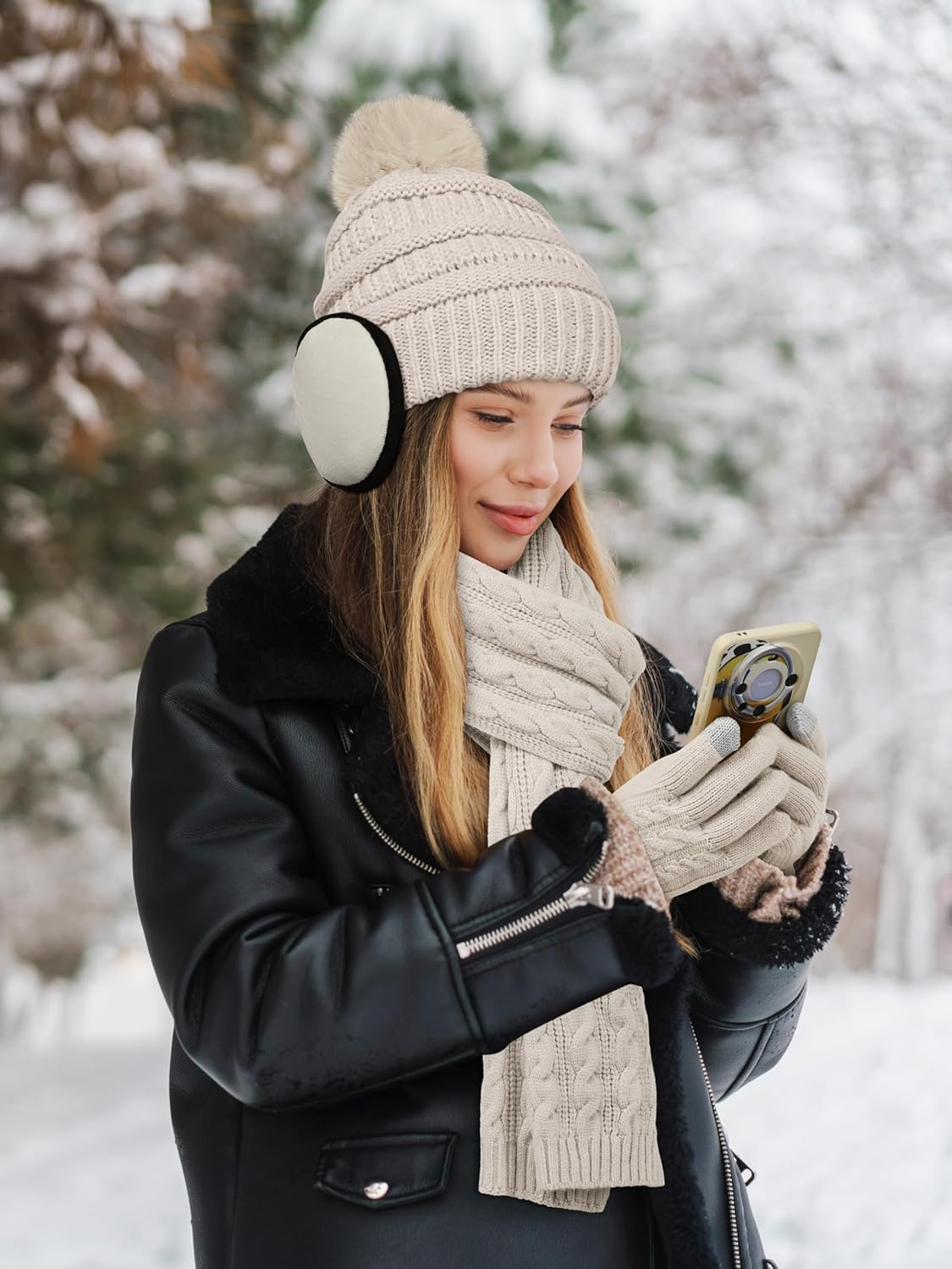 Aneco 4-In-1 Women Winter Beanie Hat Scarf Touchscreen Gloves Ear Warmer Set Fleece Lined Warm Knit Skull Cap with Pom Pom - Burgundy image number 7