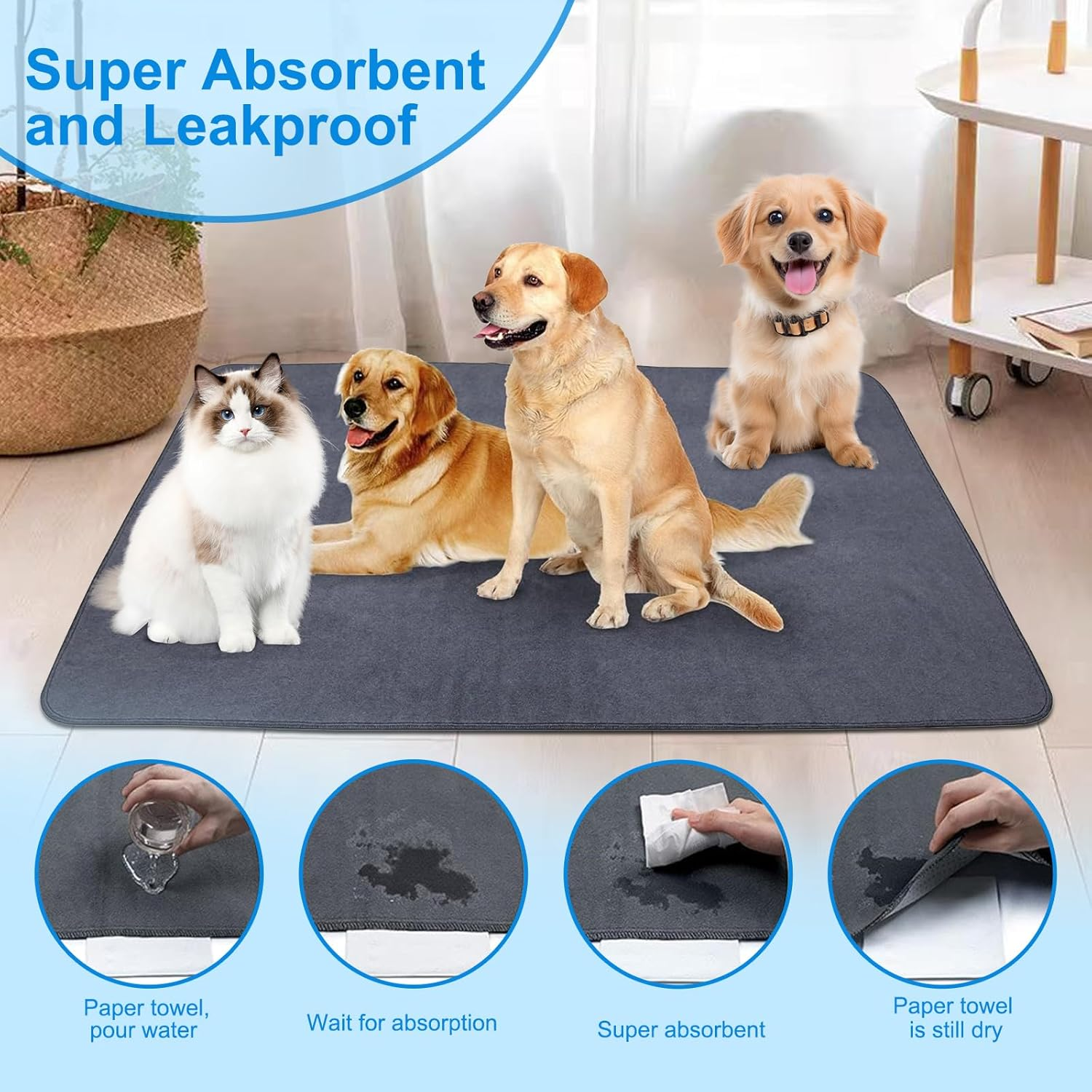 Non-Slip Dog Pads Extra Large 72" X 72", Washable Puppy Pee Pads, Reusable Dog Training Mat for Dogs with Non-Slip Bottom, Waterproof​ Absorbent Pet Blanket for Car, Crate, Playpens, Beds(183*183Cm) image number 3