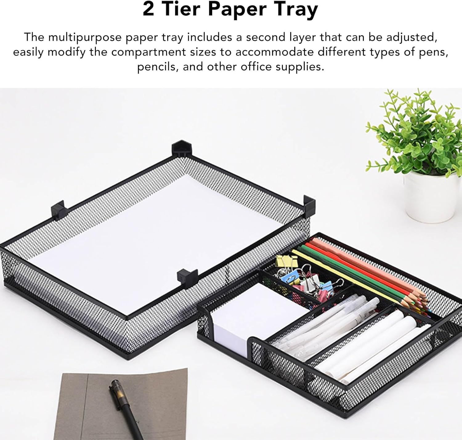Baxnore Mesh Desk Organiser, Detachable Paper Tray Organizer, 2 Tier Paper Tray, Metal Paper Storage Tray, Multipurpose Paper Tray for Office Classroom image number 6