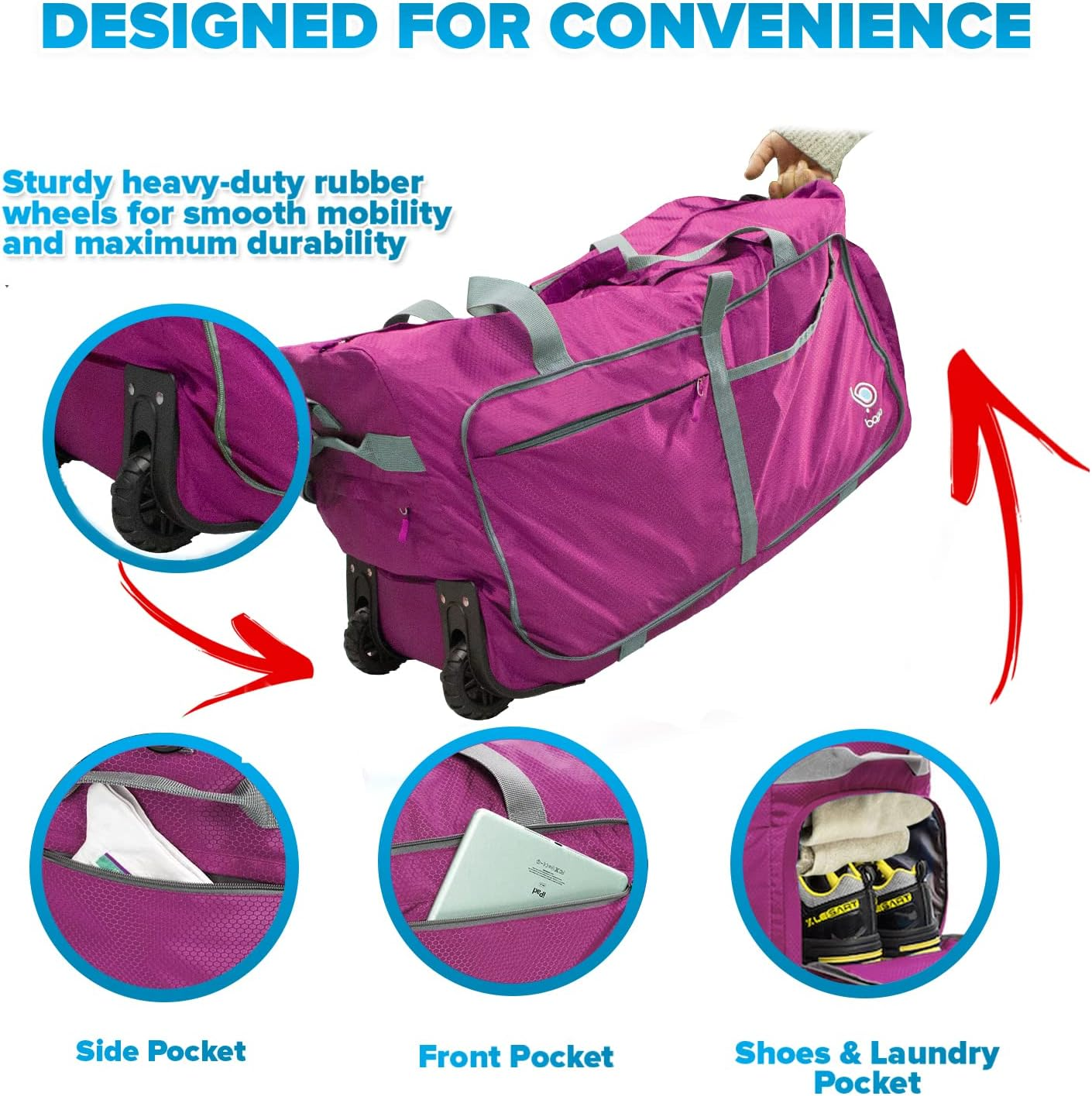 Bago Foldable Duffle Bag with Wheels - 80L 100L 120L 140L Folding Bag, Waterproof Travel Duffel Bag, Heavy Duty Weight-Saving Duffle Bag for Travel, Carry-On Duffel Bag with Wheels, Pink, 80L image number 3