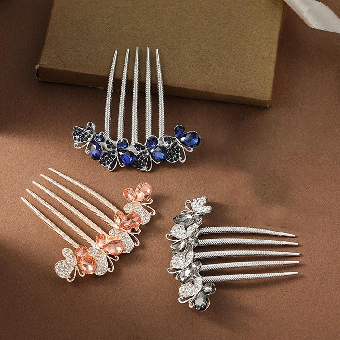 LQI Set of 3 Flower Rhinestone Hair Comb Accessories Wedding Crystal Opal Hair Side Comb Long Tooth Hair Clip Butterfly Hair Accessories