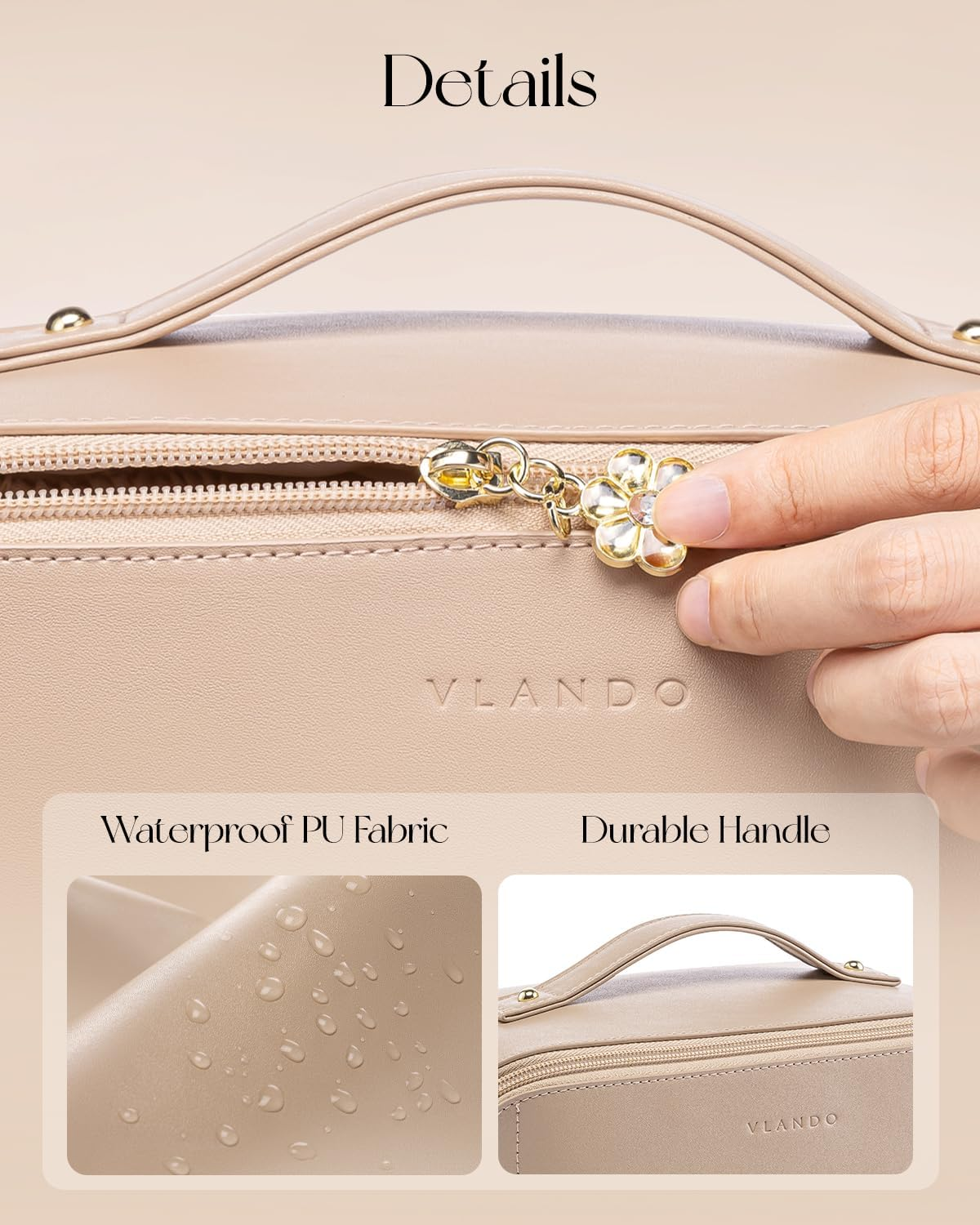 Vlando Travel Makeup Bag,Toiletry Bag for Women PU Leather Open Flat Make up Bag, 01.Toffee, Classic Elegant image number 4