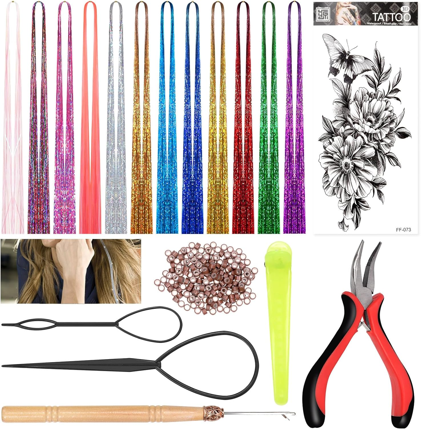 Swpeet 214Pcs 47" Hair Tinsel Kit Including 12 Mixed Colors 2400 Strands Hair Tinsel 200Pcs Silicone Lined Micro Ring Crochet Hook 5" Tweezer for Girl Kids Christmas New Year Halloween Cosplay Party