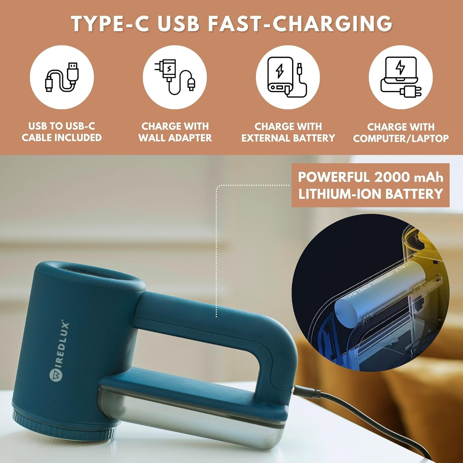 Electric Lint Remover Wiredlux - Rechargeable Fabric Shaver Bobble Remover for Clothes & Furniture - Adjustable 3-Speed, 6-Leaf Blade, LED Display, USB Charging image number 1