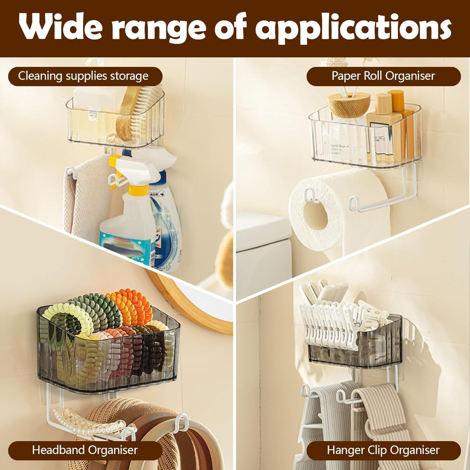 Wall Mount Headband Holder Hair Accessories Organizer, Self Adhesive Scrunchie Holder with Clear Acrylic Caddy for Bows, Ties, Clips, Pins, Claw Clip (Transparent Grey, 14.8 * 12.5 * 6CM) image number 2