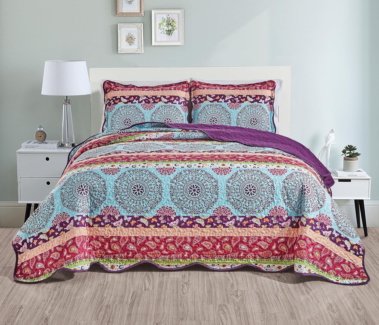 Grand Linen 3-Piece California Cal King Size Wave Edged Oversized Quilt Set 118" X 95" All-Season Large Bedspread Pillow Shams Lightweight Soft Coverlet Pink Blue Green Orange Colors Floral Pattern image number 5