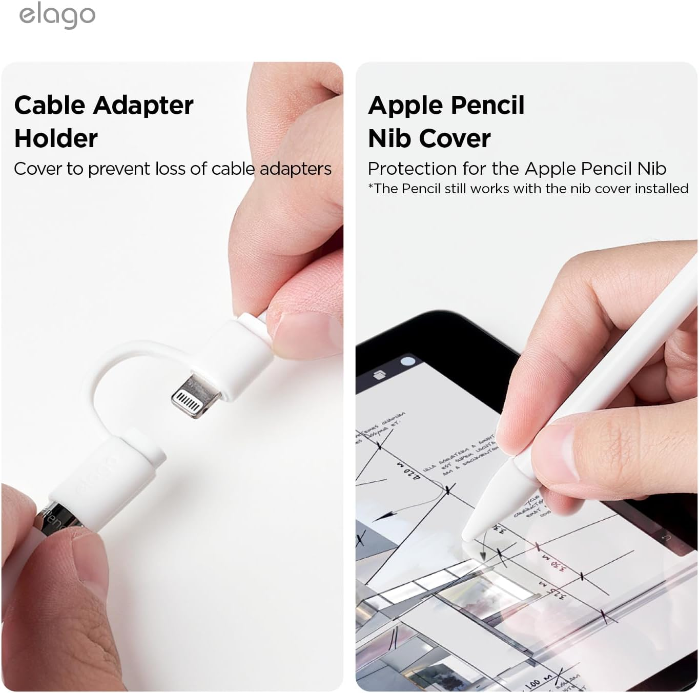 Elago Pencil Protection Set Compatible with Apple Pencil 1St Generation, [Cap Holder, Cap Replacement, Charging Cable Adapter Tether, Pencil Nib Cover] 4 Items Included (White) image number 5