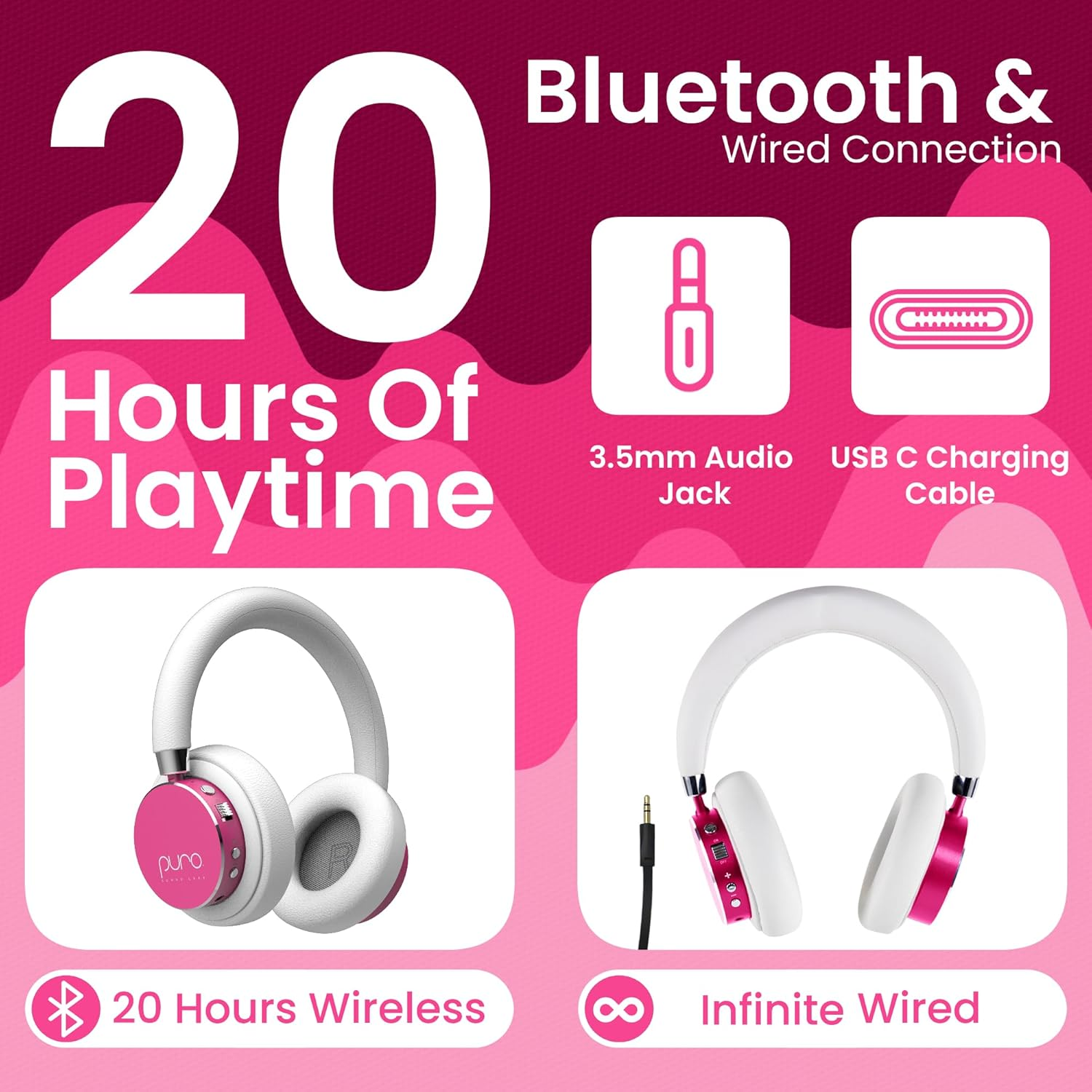 Puro Sound Labs Bt2200-Plus Volume Limited Kids' Bluetooth Headphones - Safer Headphones for Kids - Studio-Grade Audio Quality & Noise Isolation (Pink) - R.Blue image number 7