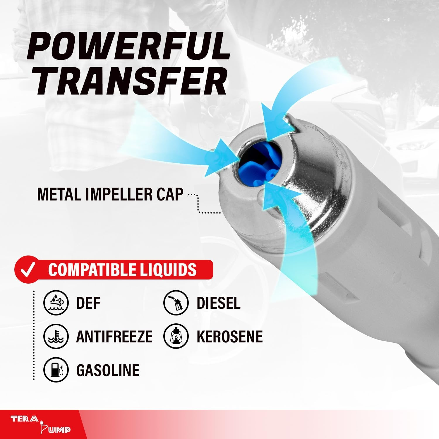 TERA PUMP 2Nd Gen. Battey Powered Portable Transfer Pump for Gasoline Diesel Water DEF Antifreeze (2.3 GPM, 10 Ft Vinyl Hose) with Flow Control and XL Suction Tube image number 4