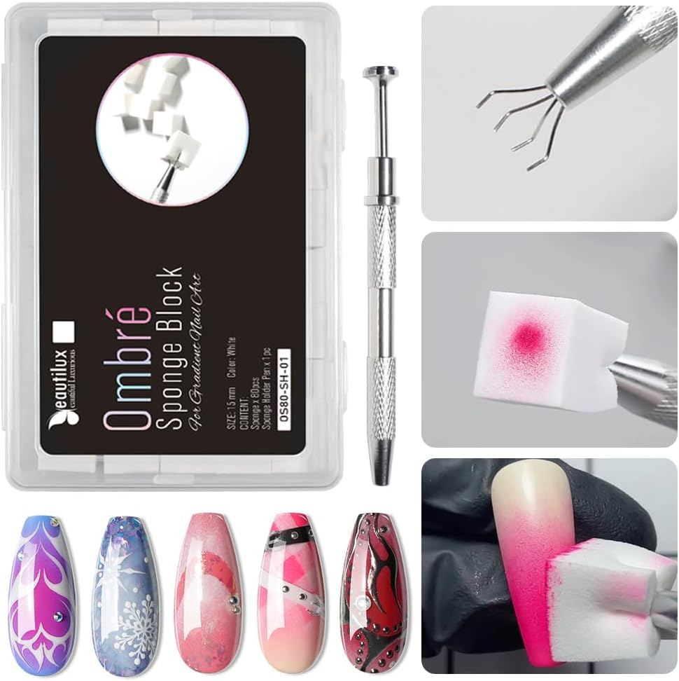 Beautilux 80Pcs Gradient White Gradient Sponge Sponge with Sponge Holder for Nail Art Gradient Manicure image number 2