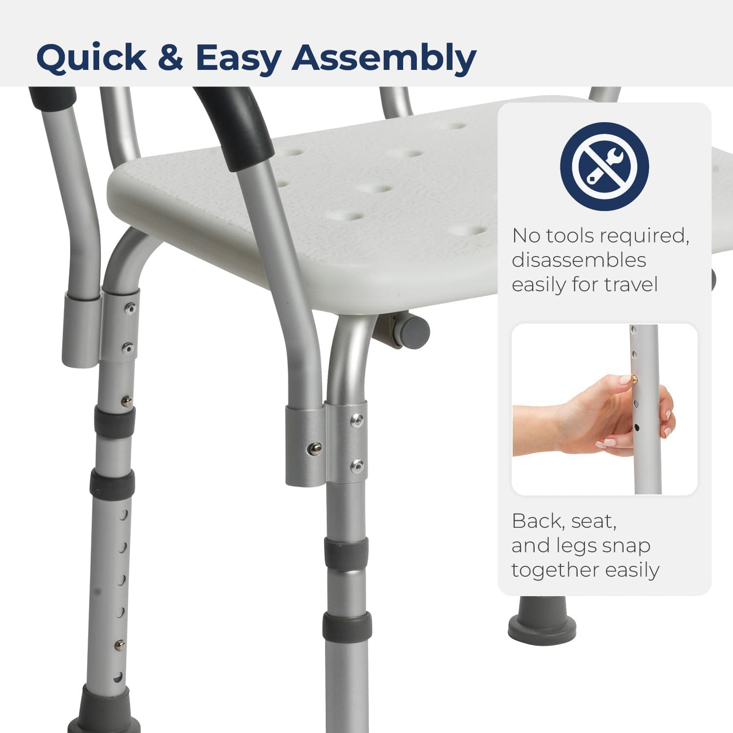 Shower Chair, Height Adjustable Non-Slip Aluminum Frame Shower Seat with Shower Buckle &Removable Back & Padded Arms, Bathtub Shower Lift Chair for Elderly & Disabled, Hold up to 150 Kg(White) image number 5