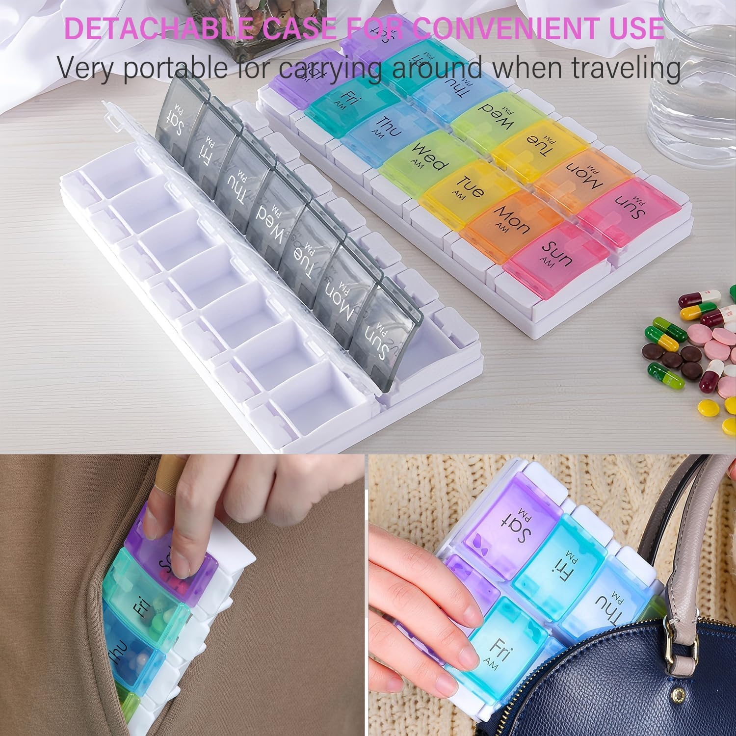 Push Button Pill Organizer 2 Times a Day, AM PM Pill Box 7 Day, 14 Compartments Pill Dispenser, Transparent Large Weekly Pill Container (Black and White) image number 5