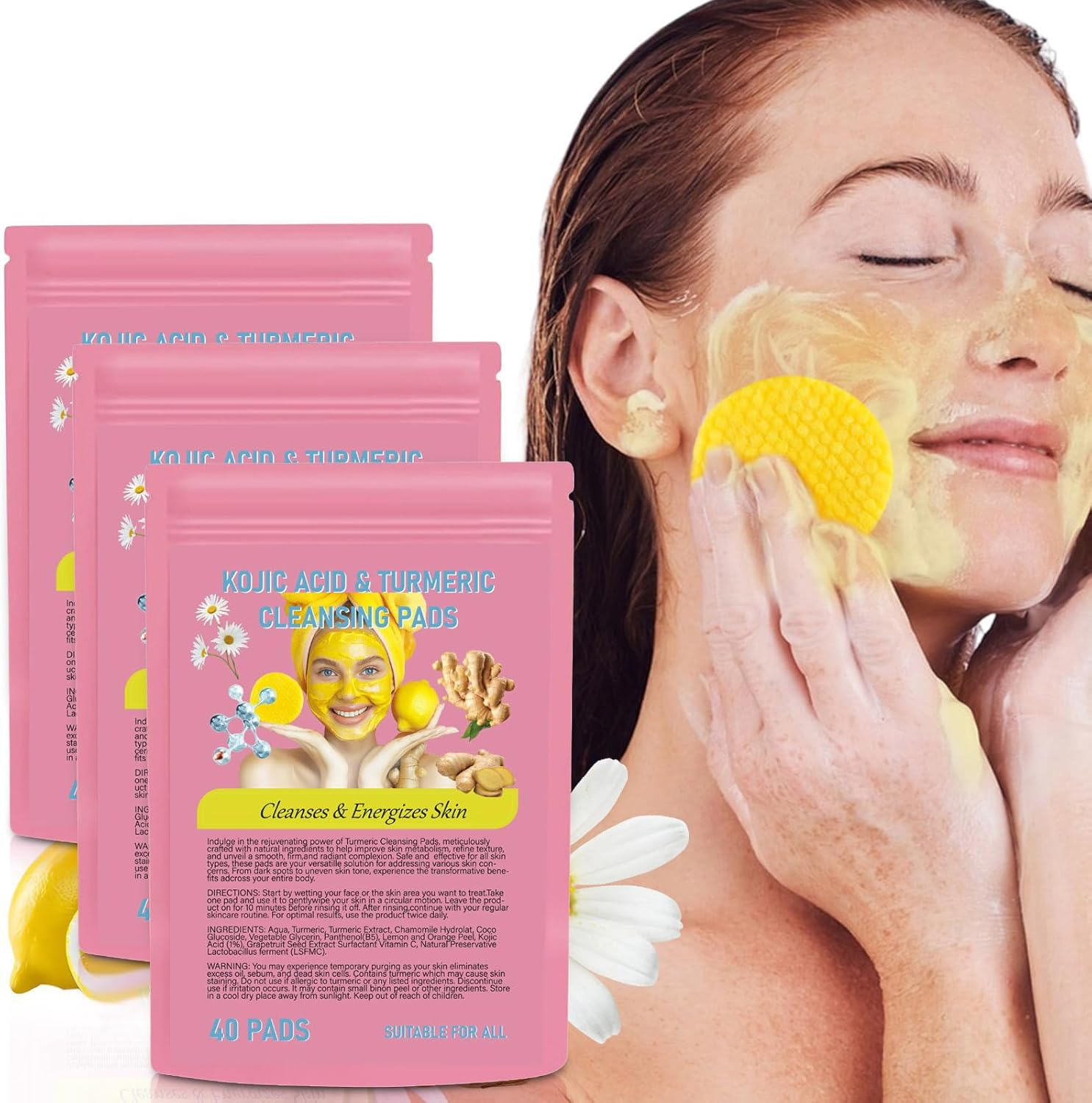 Turmeric Kojic Pads, Turmeric Cleansing Pads, Compressed Facial Sponges, Portable Skin Care Tools,Travel Essentials Facial Sponges - 1-PINK