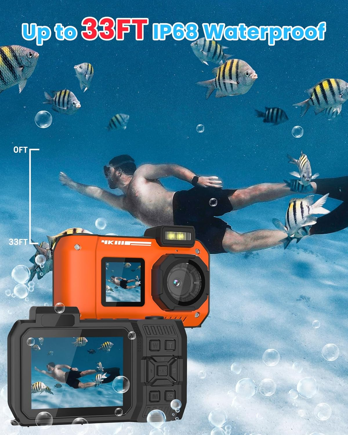 4K 33FT Digital Camera 48MP Underwater Camera Waterproof Camera Rugged Dustproof Shockproof,With 64GB Card Autofocus Selfie Dual-Screen Camera Snorkeling Zoom Point and Shoot Camera Type-C-Orange image number 3