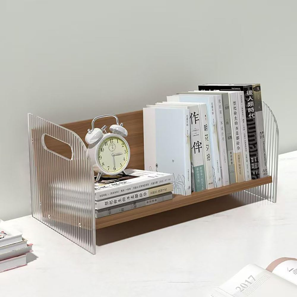 Hbluefat Acrylic Desktop Bookshelf Organizer, Small Wood Desk Bookcase, Multipurpose Tabletop Storage Shelf Rack for Home Office (Wood)