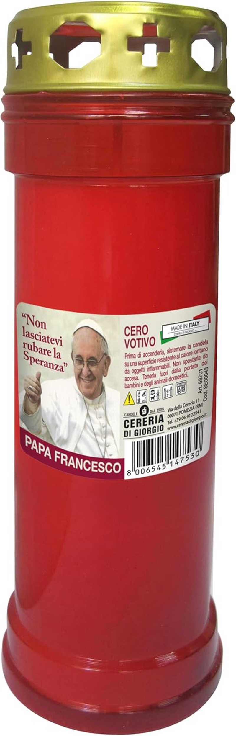 Votive Candle for the Sacred Heart with Rain Cover &ndash; Colour Red &ndash; Model P50 &ndash; Burn Time 55 Hours